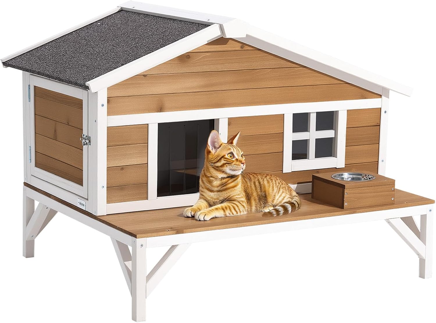 VEVOR Insulated Cat House, All-Around Foam Insulation Elevated Cat Shelter, Wooden Feral Kitty Shelter with Large Platform, Waterproof Cats Condos for Indoor & Outdoor Cats in Winter 43.5x33.5x31 in