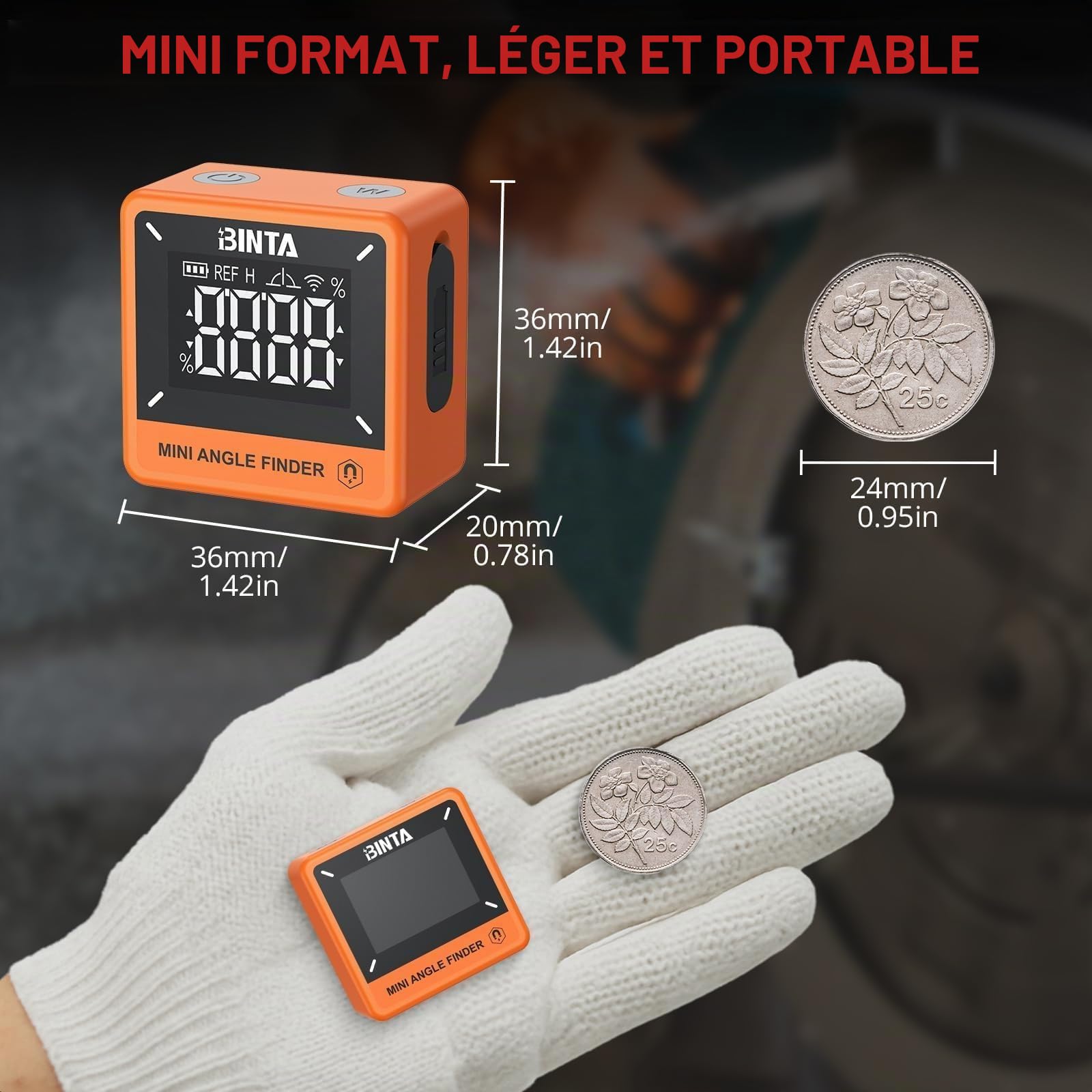 BINTA Inclinomètre Numérique Mini 4 x 90° ±0,2°, Mesureur d’Angle Digital 0,05° Résolution, Base Magnétique Rechargeable USB Type-C IP54, Mesure Relative/Absolue, pour Menuiserie et Chantier