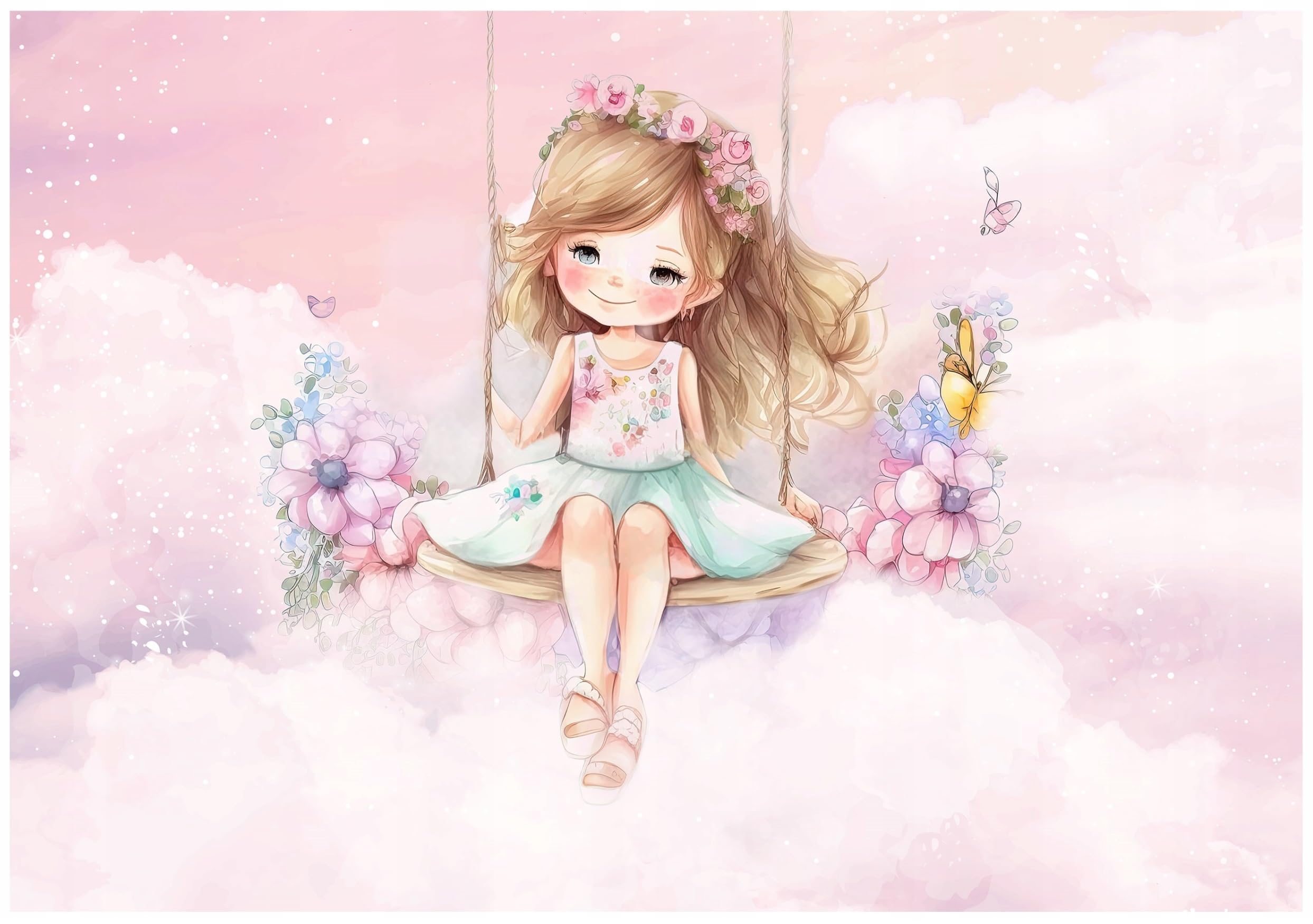 WallArena - Carta da parati fotografica per bambini - Nuvole 400x280 cm - Carta da parati fotografica - Per la cameretta dei bambini - Effetto 3D - con Colla - Ragazza del Paradiso Rosa