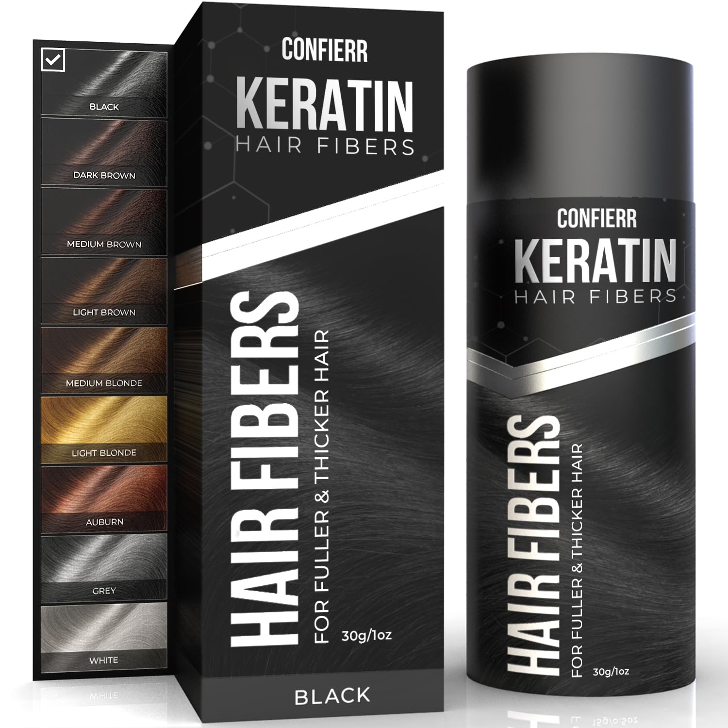 CONFIERR Keratin Hair Fibers for Men & Women - Fill In Fine or Thinning Hair, Instantly Thicker, Fuller Looking Hair (Black 30g)
