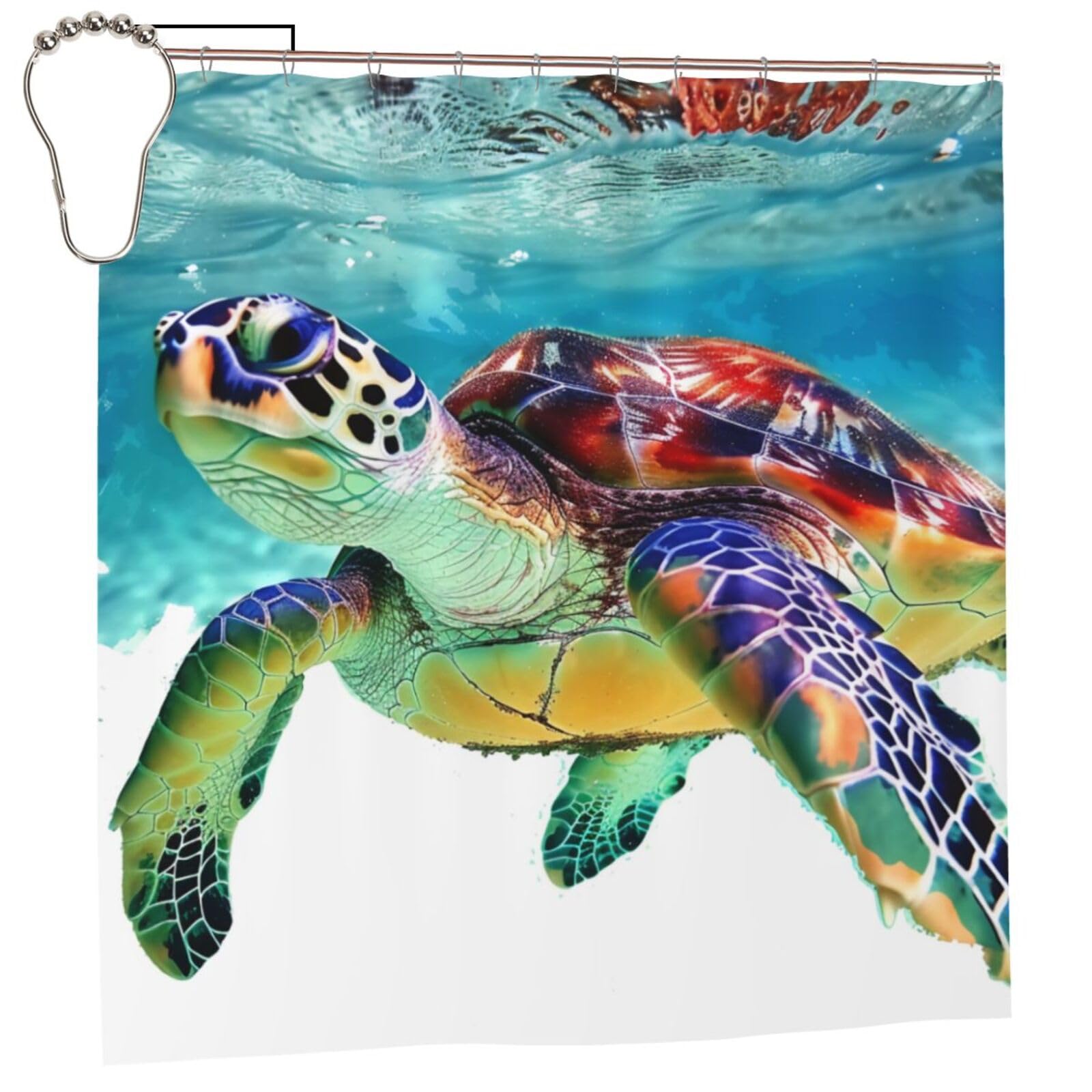 BWWHCCTI Sea Turtle Art Printed Shower Curtain With 12 Iron Hooks Opaque Quick Drying Waterproof Shower Curtains Sets For Bathroom 183x183 CM