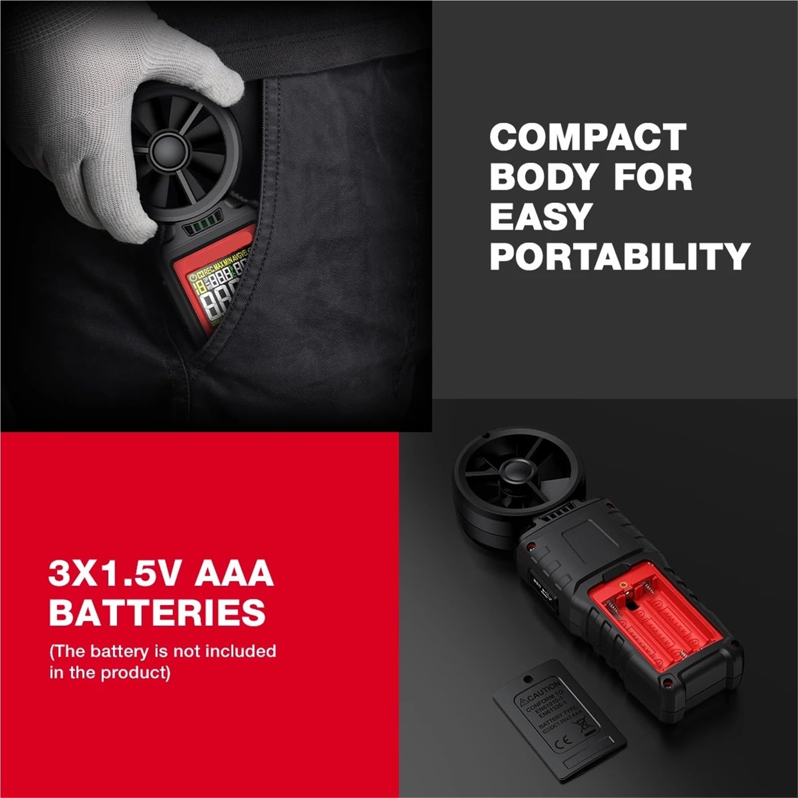 Anemómetro Portátil, Anemómetro digital portátil de mano, medidor de velocidad del viento, anemómetro con pantalla LCD retroiluminada, medidor de temperatura y humedad.(HT625A)