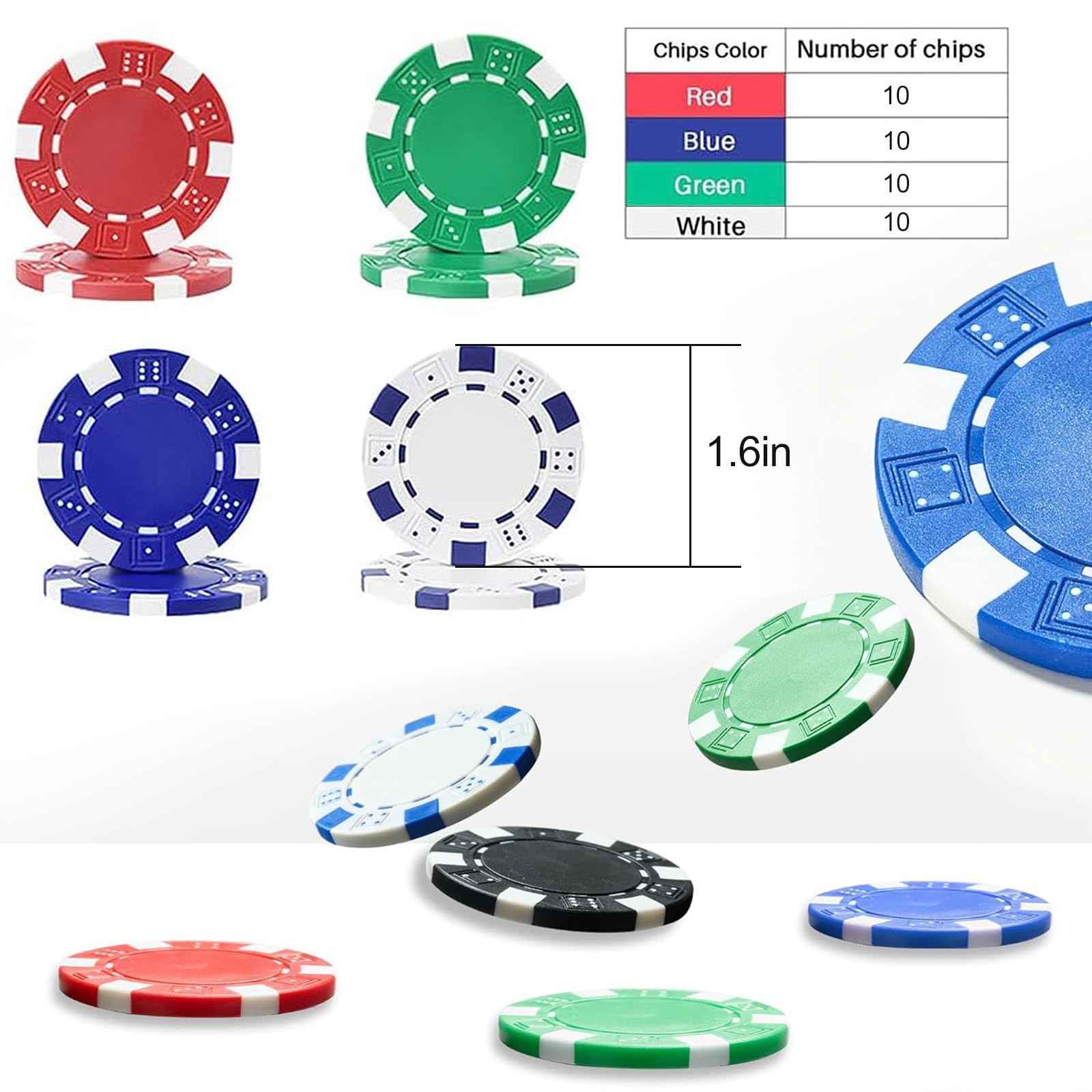 40 Pezzi Set da Poker,Chips Poker Set in Plastica Completo,Fiches Poker Nessun Valori Nominali,Poker Fiches Casinò Professionali per Feste Serate di Gioco,Texas Holdem,Bianco,Blue,Green,Red