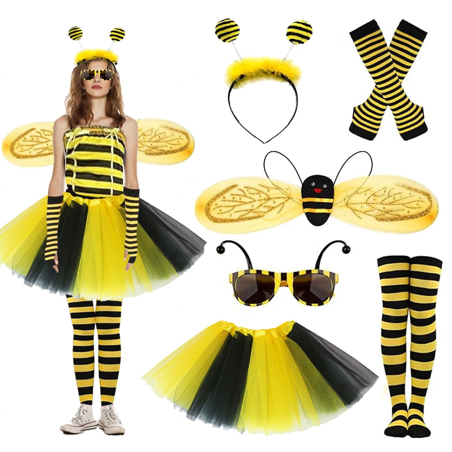 Disfraz Mujer Abeja,8 Piezas Disfraces Mujer Abeja TuTu con Alas Diadema y Medias Calcetines de Rodilla,Guantes Rayas,para Halloween Cosplay Fiestas Tema