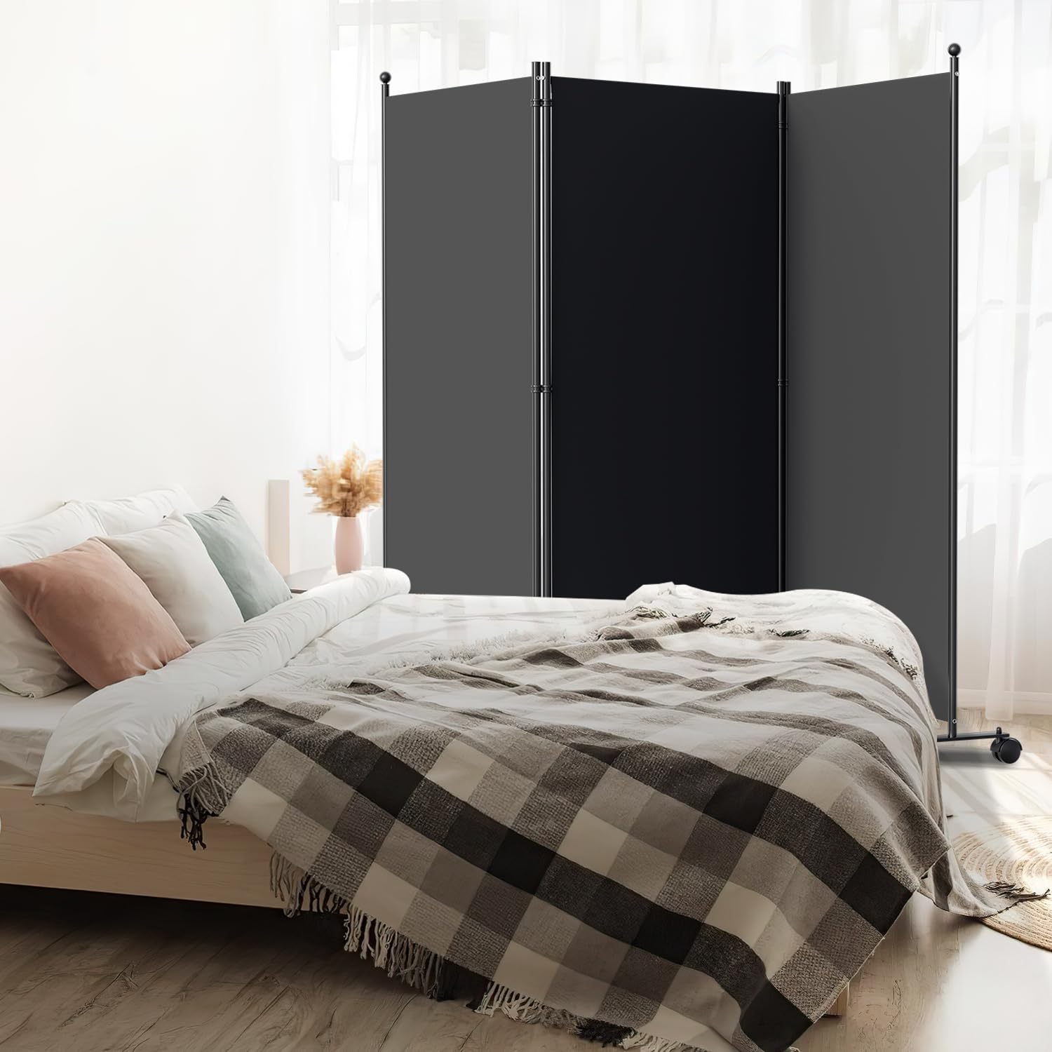 Fiqops Paravent pour extérieur, séparateur sur roulettes, 3 pièces, 263x181cm, paravent résistant aux intempéries, pour extérieur et bureau, couleur: anthracite