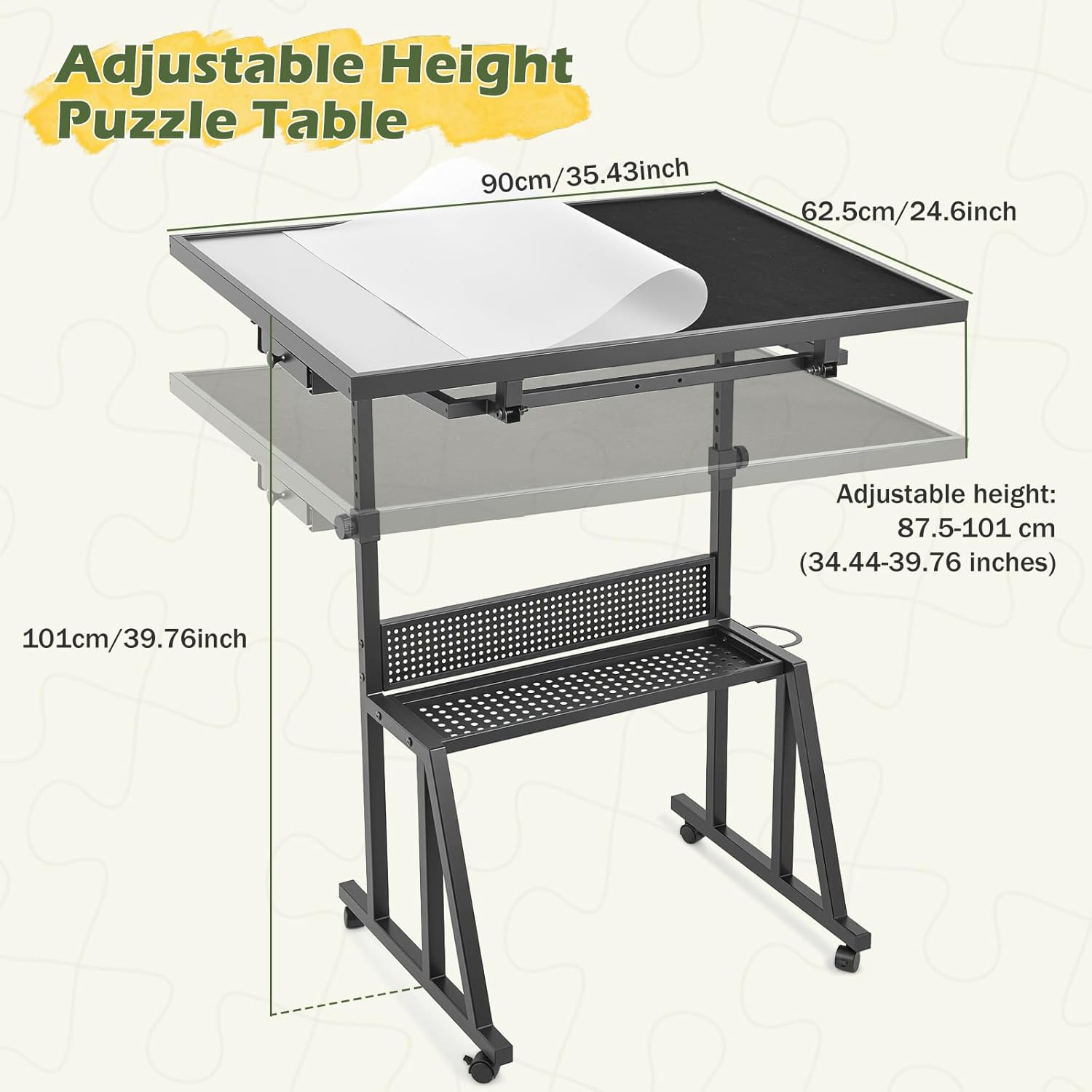 1500 Pieces Jigsaw Puzzle Table for Adults, 13-Tilting-Angle & Height Adjustable Table with Legs and Wheels, Metal Puzzle Table with 6 Felt Trays, Transparent Cover, Non-Slip Felt Surface