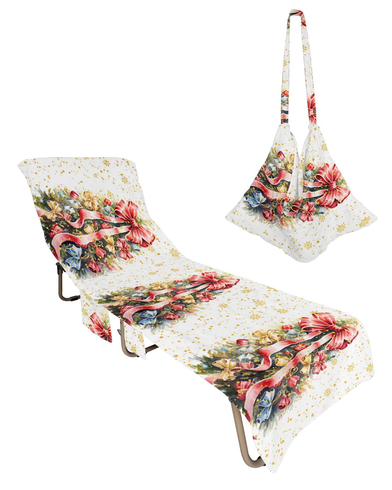 Red Bow-Knot Christmas Beach Lounge Chair Towel Cover, Soft Chaise Lounge Towel with Side Pockets Patio Pool Chairs Cover for Beach/Pool Sunbathing 29x85 Xmas Tree Winter Snowflake