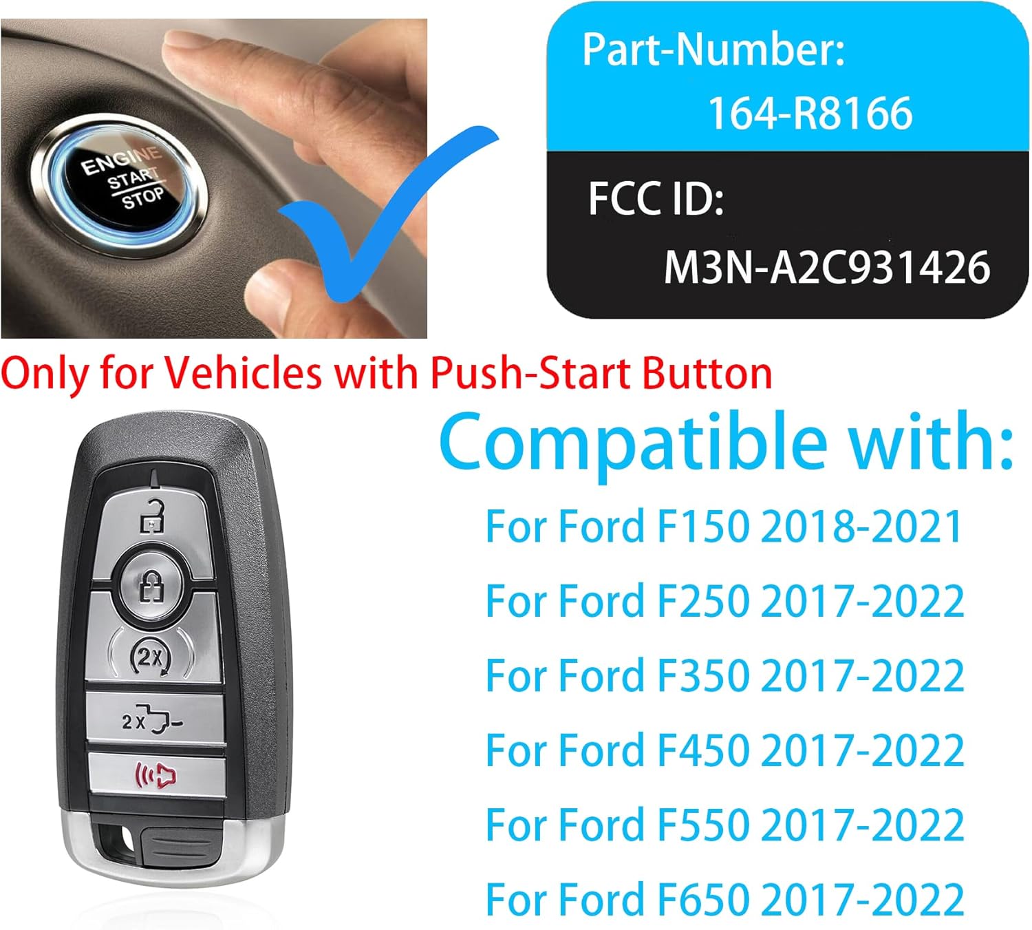 Smart Key for Ford F-Series 2017-2023, Alliskeys Proximity Keyless Entry Remote Control Key Fob Replacement for Ford F-Series 2017-2023 M3N-A2C931426 164-R8166