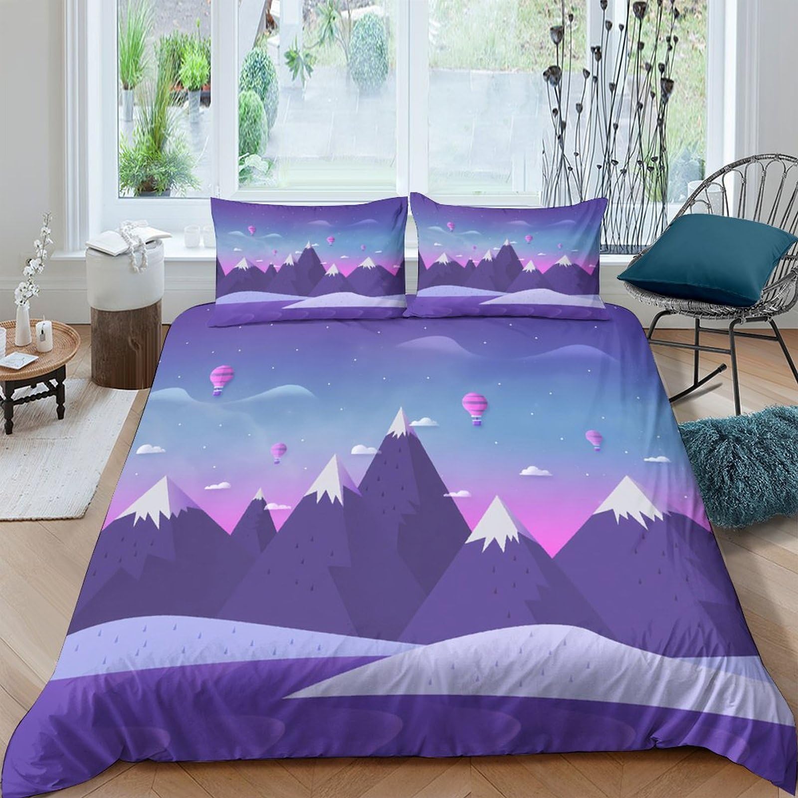 GPLZQXKJNH 3D Printed Purple Mountain Landscape Duvet Cover Microfiber Soft Breathable Sunset Peaks Bedding Set with 2 Pillowcases for Bedroom Home Decor Single（135x200cm）