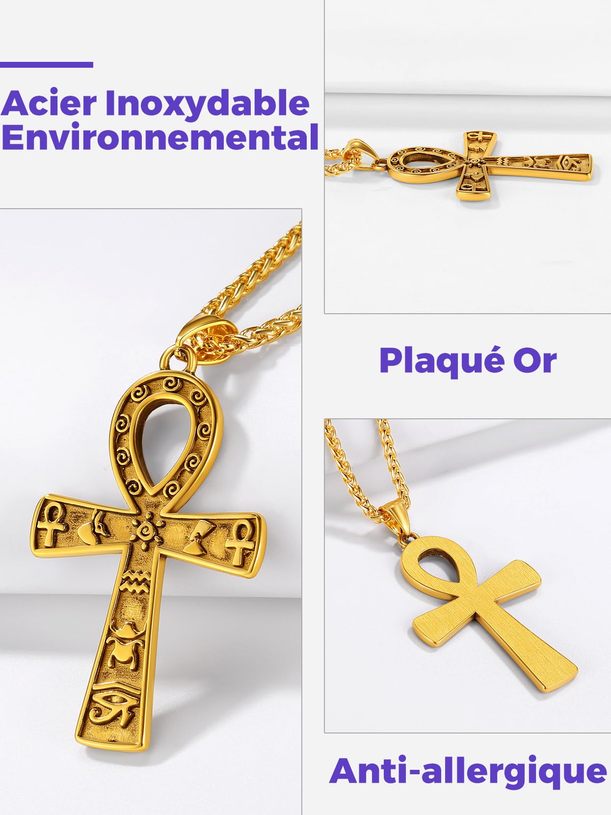 Richsteel Pendentif Croix d'Ankh Égyptien Acier Inoxydable/Or/Noir avec Chaîne 55+5cm, Bijoux Africain Fantaisie Cadeau Original pour Femme Homme Ado Garçons