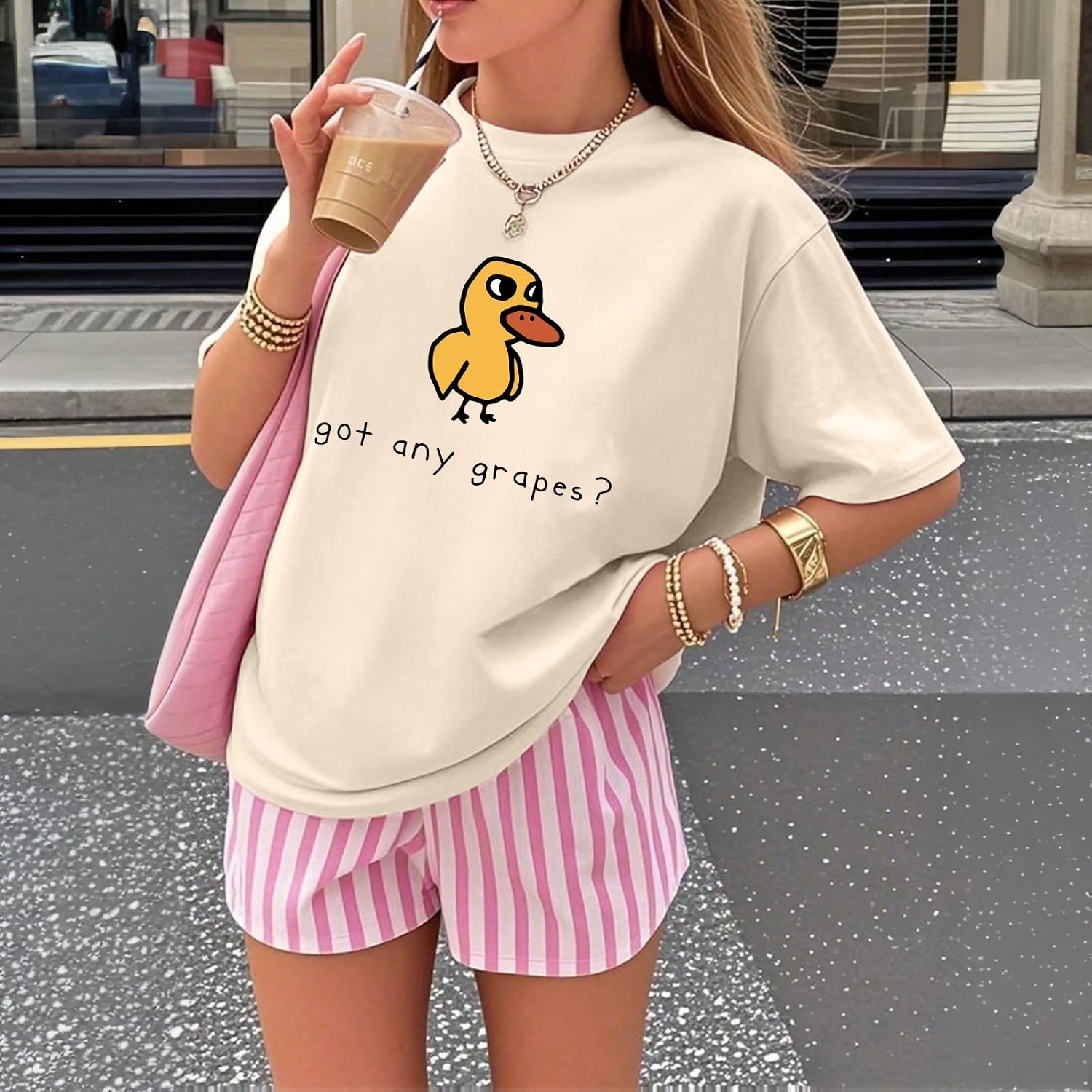 BeWithYou Oversized Cute Duck Shirts for Teens Girls Kawaii Cartoon Graphic Tees Funny Letter Print T-Shirts Casual Tops image 4