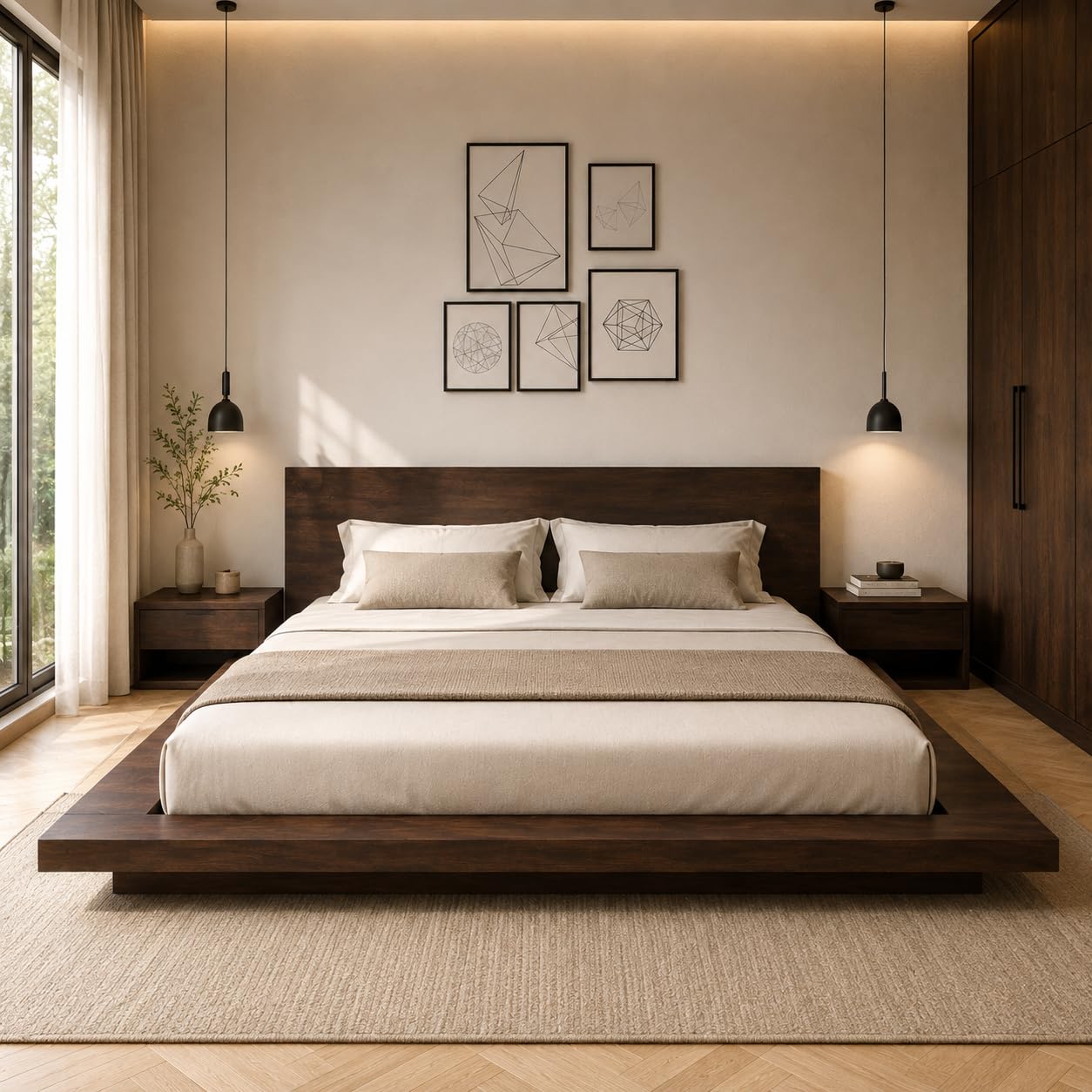Solid Sheesham Wood Low Height Platform Queen Size Bed with 2 Bedside Table for Bedroom Wooden Double Bed (Walnut)-image-29