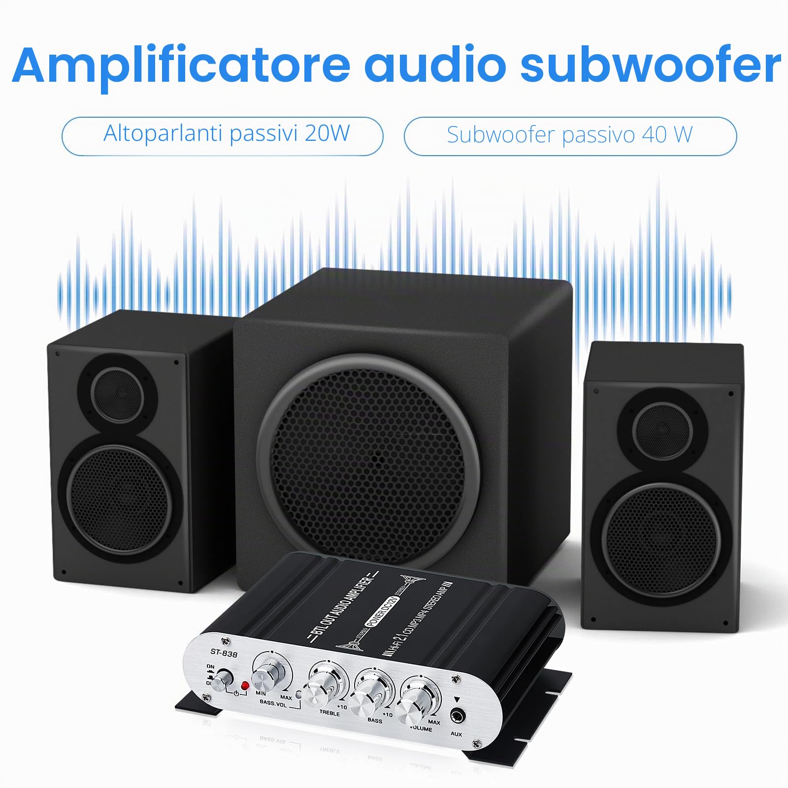 Amplificatore audio HiFi, amplificatore stereo 2.1 CH, RMS 20 Wx2+40 W ST-838 con uscita subwoofer, classe D mini amplificatore digitale con AUX per casa, altoparlante auto, nero (con adattatore di