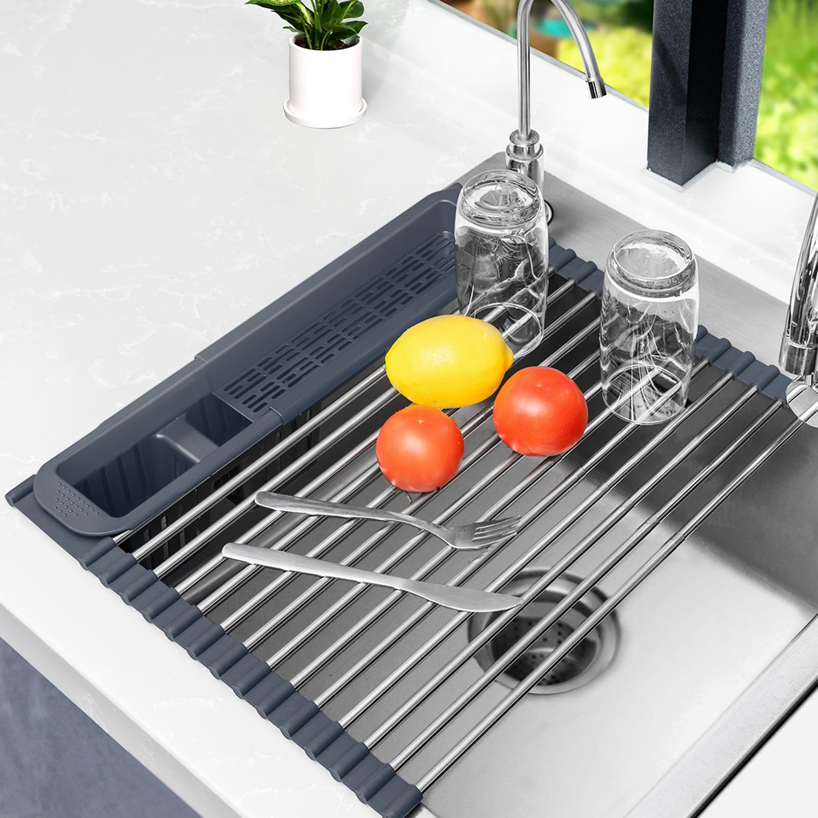 TREANY Expandable Roll Up Dish Drying Rack with Utensil Holder,Over The Sink Dish Drainer,304 Stainless Steel,Multipurpose,Best Gadget for Many Kitchen Task (17.2'' x 22.3'', Grey)