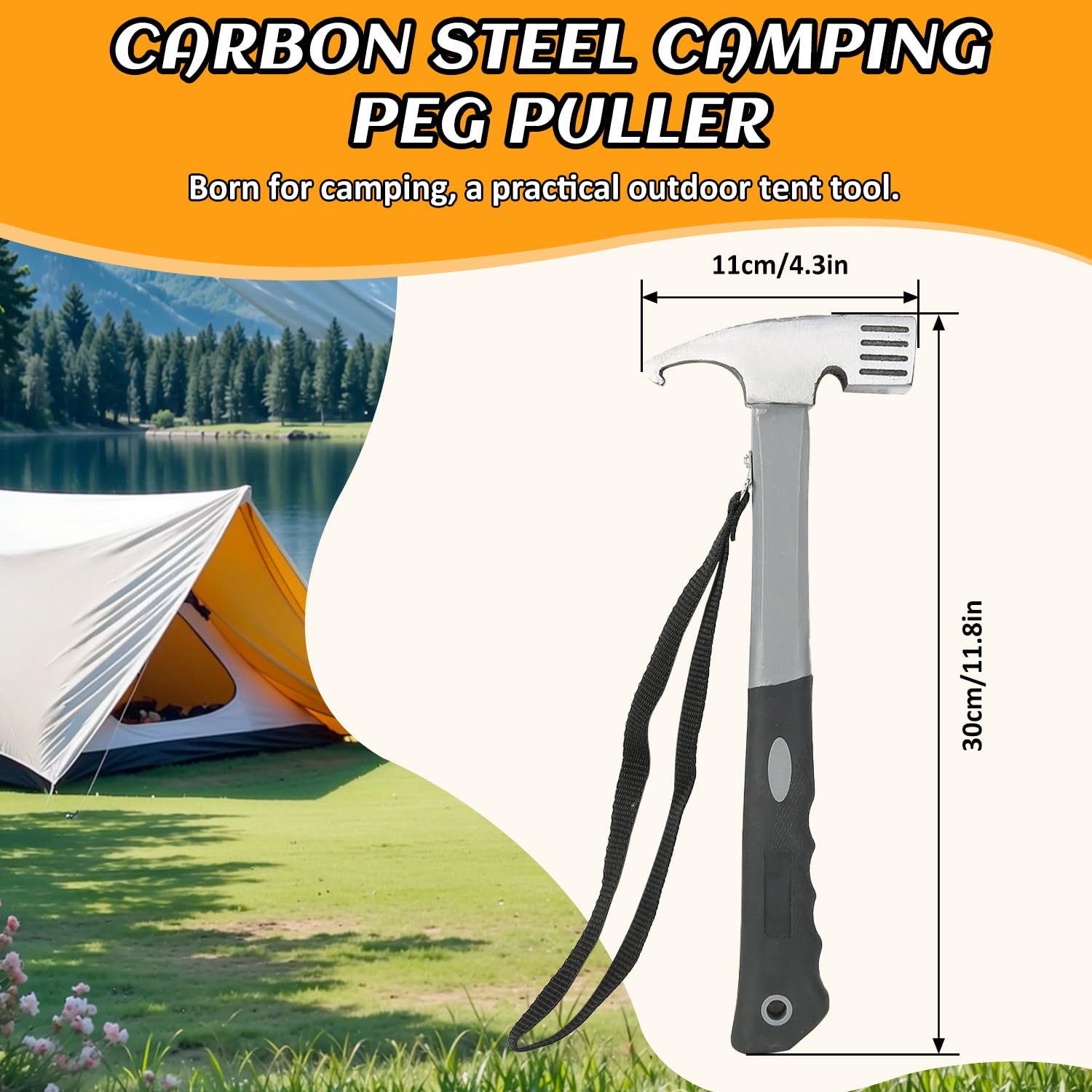 Marteau de Camping, 30 x 11 cm Maillet de Tente en Acier au Carbone avec Crochet, Marteau de Camping en Plein Air, Marteaus de Piquet de Tente Pegs Stake Nail Extracteur Remover pour Extérieur