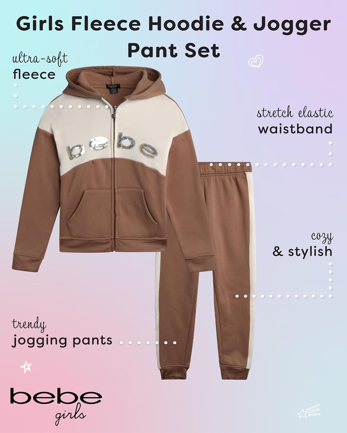 bebe Girls Sweatsuit Set - 2 Piece Super Soft Fleece Zip Up Hoodie and Jogger Pants for Girls, Cozy Athletic Kids Pant Set
