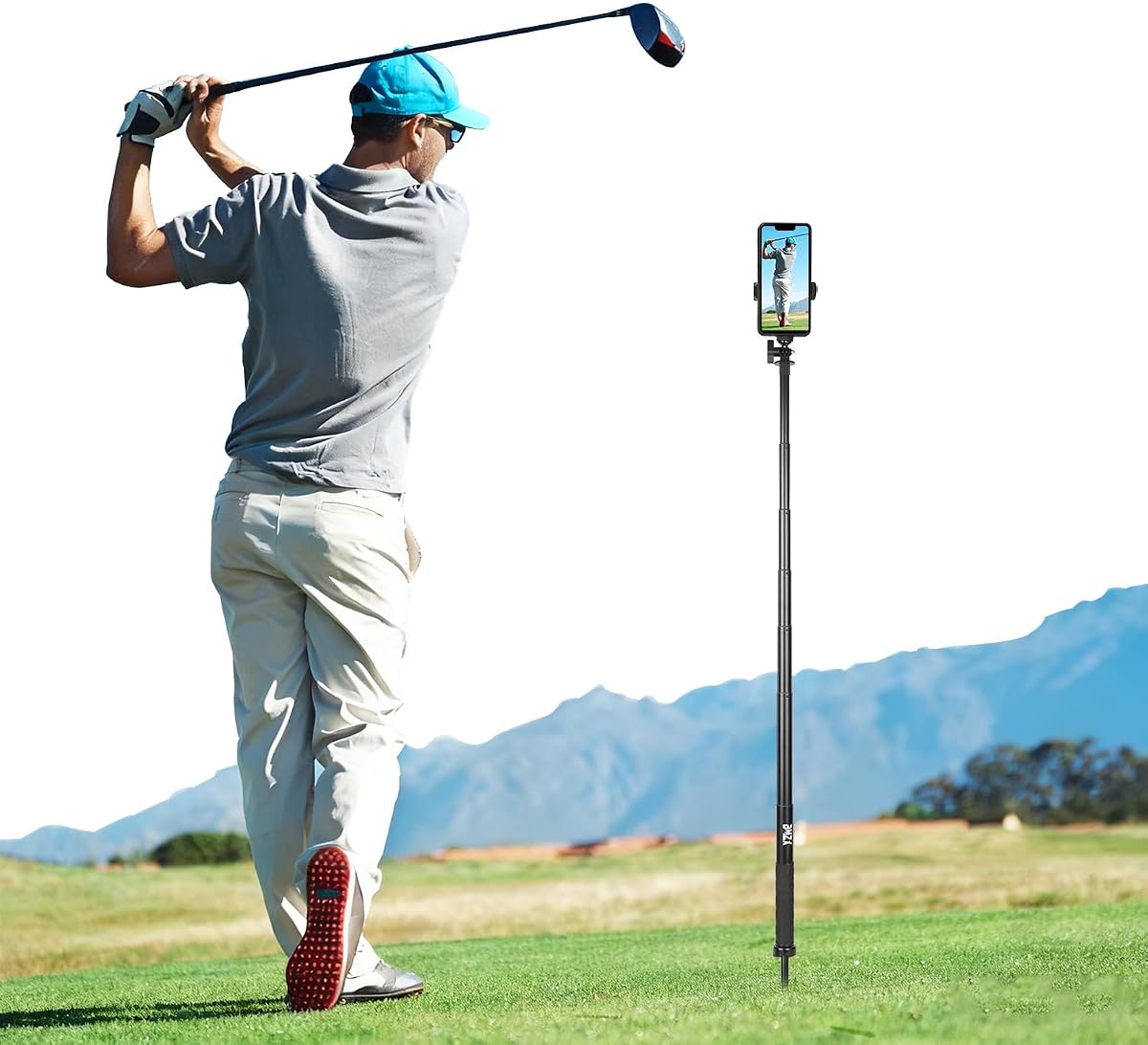BMZX Monopié para trípode de golf, palo selfie de 47" para entrenamiento y grabación de swing de golf | con estaca, trípode, soporte magnético para teléfono, tornillo de 1/4"-20, bolsa de transporte | Compatible con iPhones, Android y cámaras