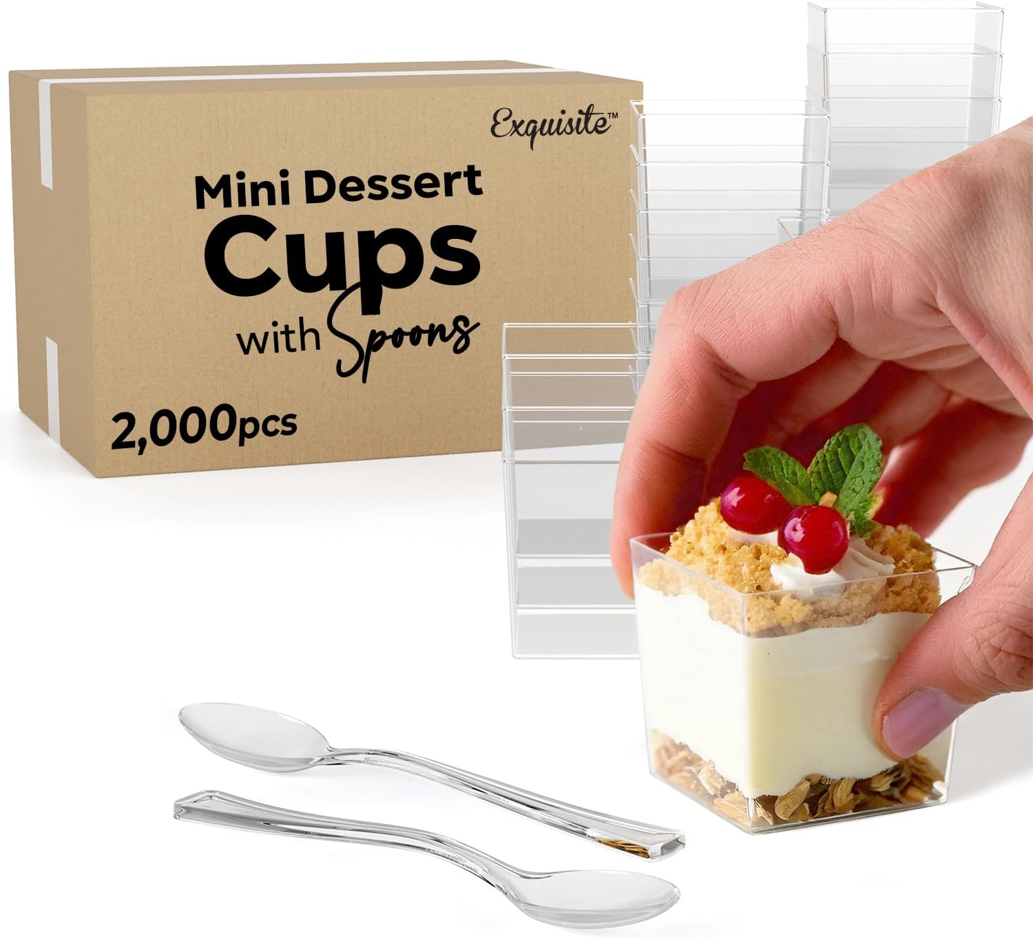 Exquisite Mini Dessert Cups With Spoons 1000 Pcs - 3.6 Oz Square Plastic Dessert Cups Disposable With Tasting Spoons 500 Sets | Mini Parfait Cup | Appetizer Cup For Party