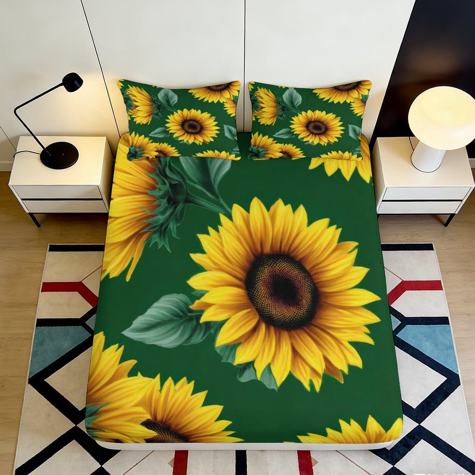 3D Printed Sunflower Microfiber Fitted Sheet Vibrant Floral Bed Cover for Bedroom Dormitory Guest Room Mattress Protection Easy Care 140x200x25cm