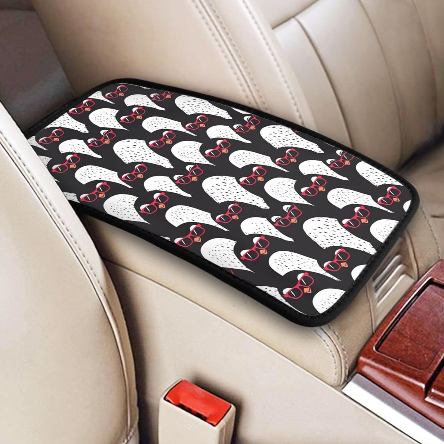 Penguin Wearing Sunglasses Car Center Console Cover, Universal Waterproof Armrest Pad, Easy to Clean for Most Cars SUV Truck
