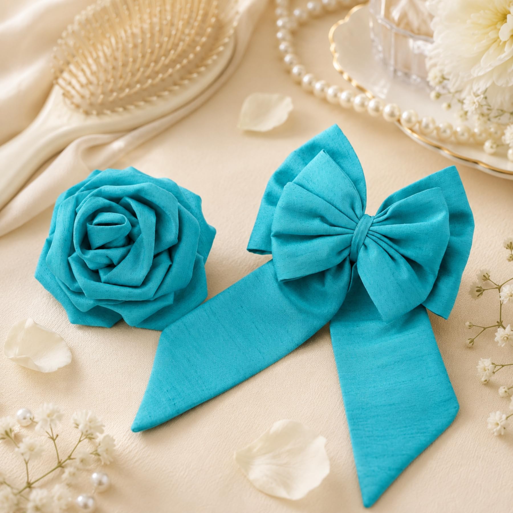 ORIENTAè Set Accessori Capelli Donna, Rosa e Fiocco con Fermaglio | Seta Thailandese, Mollette Eleganti Azzurro e Turchese, Accessori Capelli Cerimonia, Regalo Donna