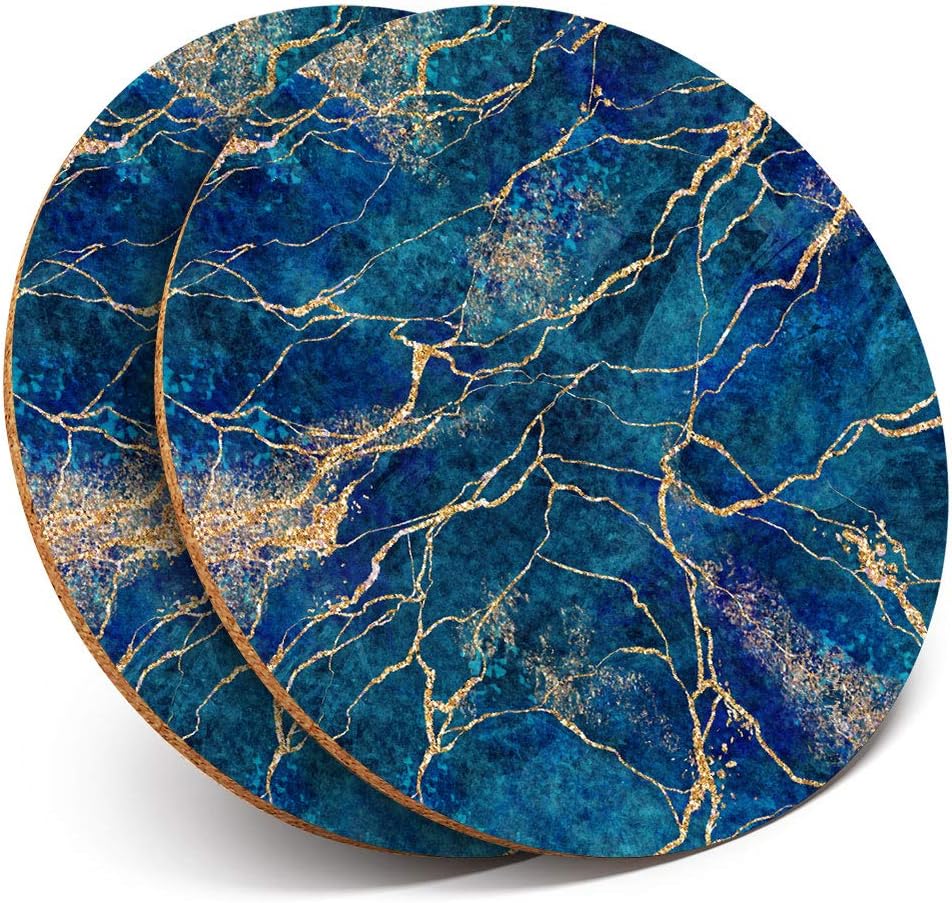 2 x Round Coasters - Navy Blue Marble Stone Effect - Cork Backed Home Kitchen Accessory Tea Coffee Mug Mat #21087
