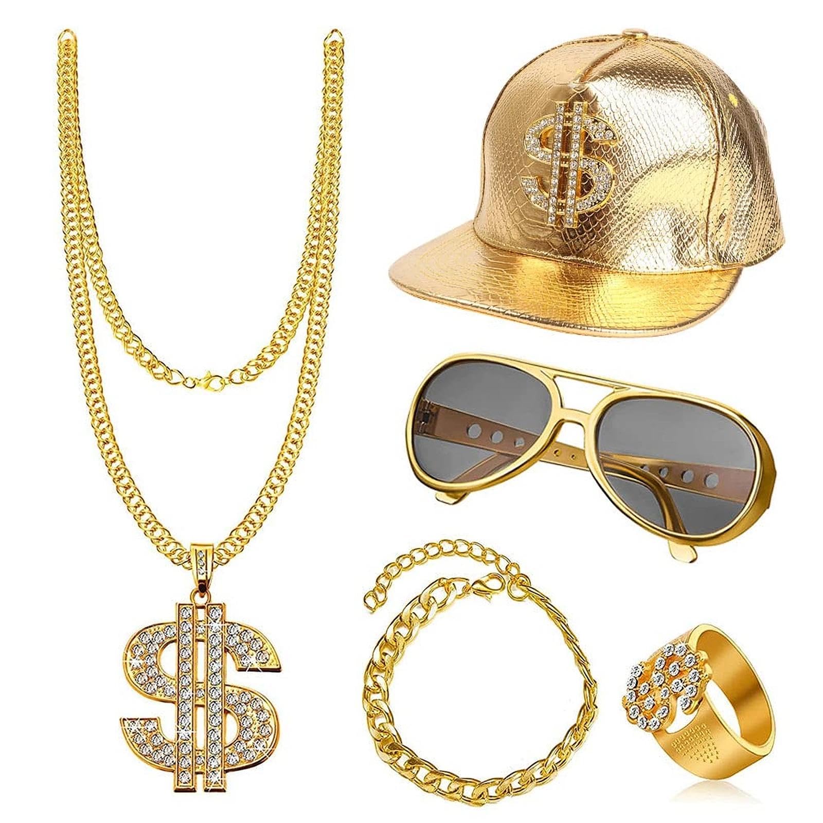 Set Accessori Rapper Costume Hip Hop Collana e Anello con Segno del Dollaro Bracciale in Oro Rapper Cappello e Occhiali da Sole Anni '80 '90 Accessori per Rapper