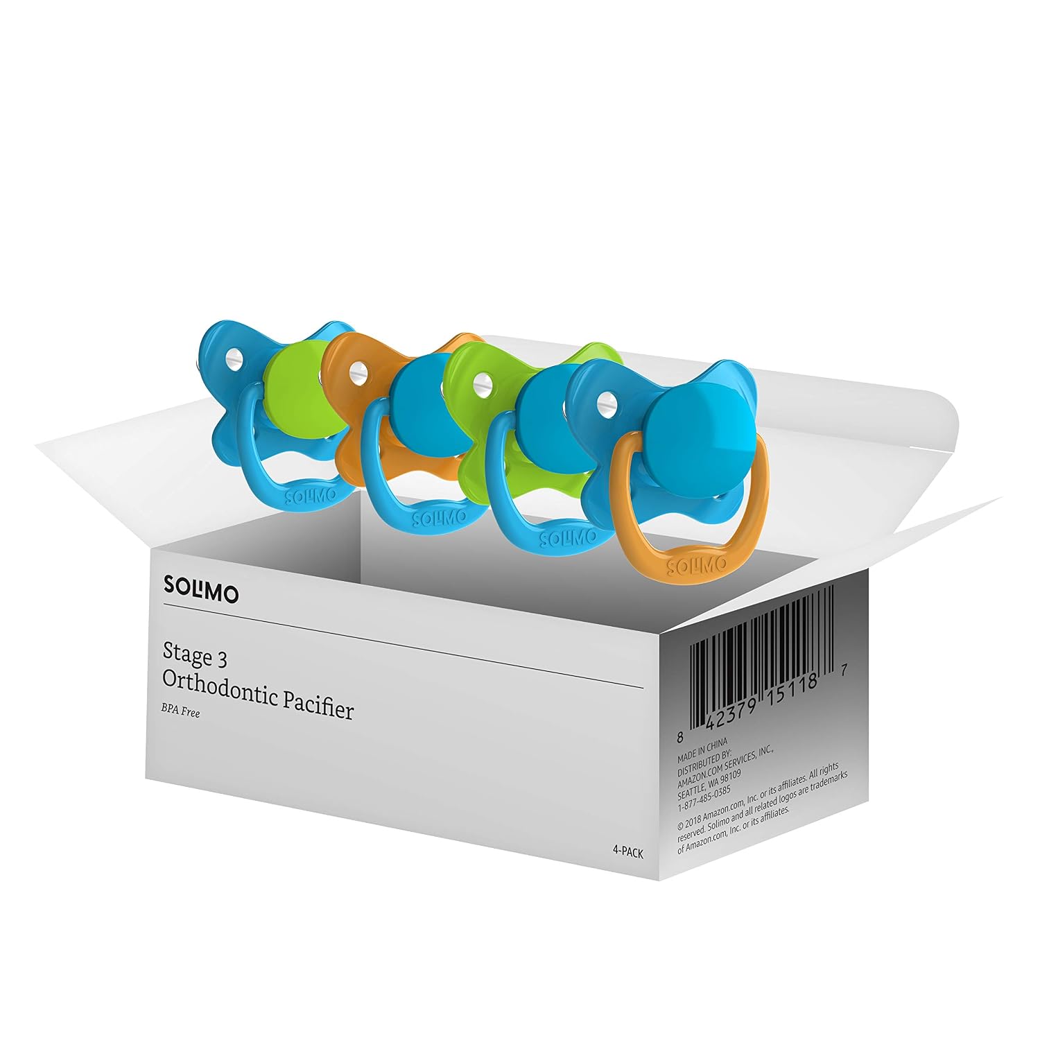 Amazon Brand - Solimo Orthodontic Baby Pacifier, Stage 3 (12-18M), BPA Free, Assorted Colors (Pack of 4)