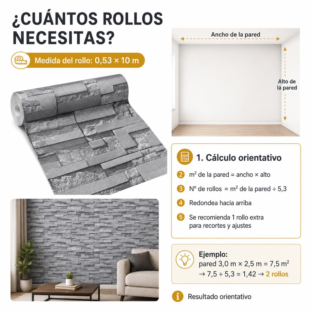 Genérico Papel Pintado 3D Efecto Ladrillo Gris Oscuro, Rollo PVC 10x0.53m