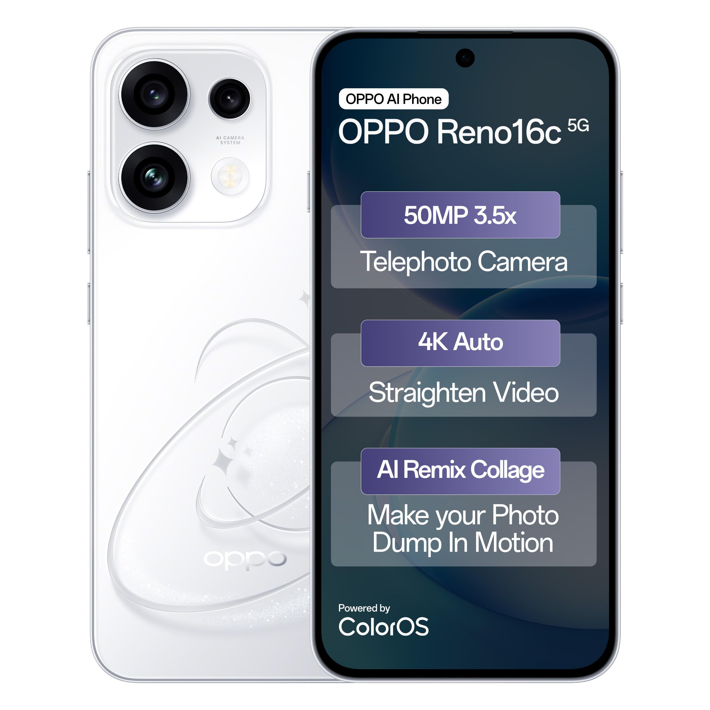Oppo Reno16c 5G (Starry White, 8GB/128GB) at ₹46,999 – Amazon