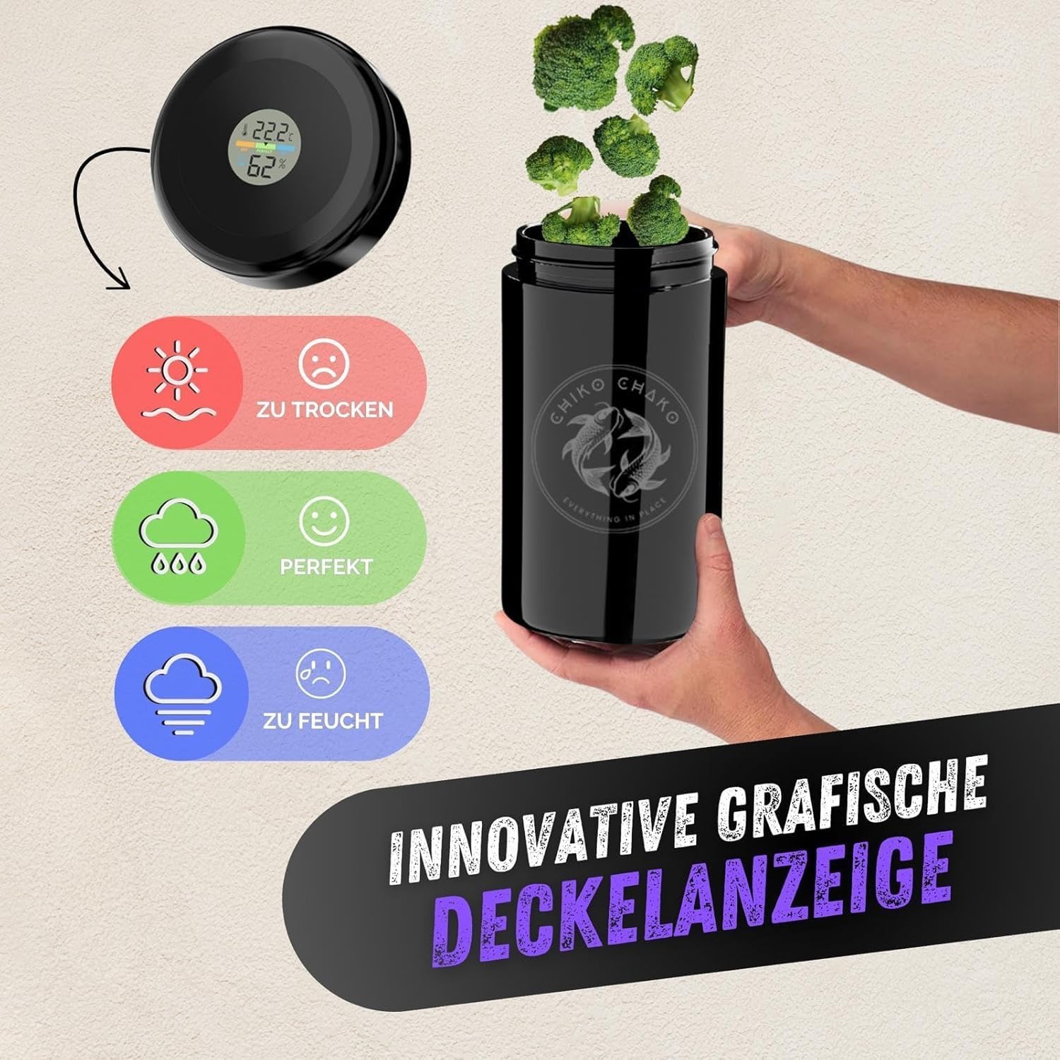 Tarro de almacenamiento hermético con protección UV de con higrómetro en la tapa, frasco para fermentar café, té, especias, capacidad de 250 ml