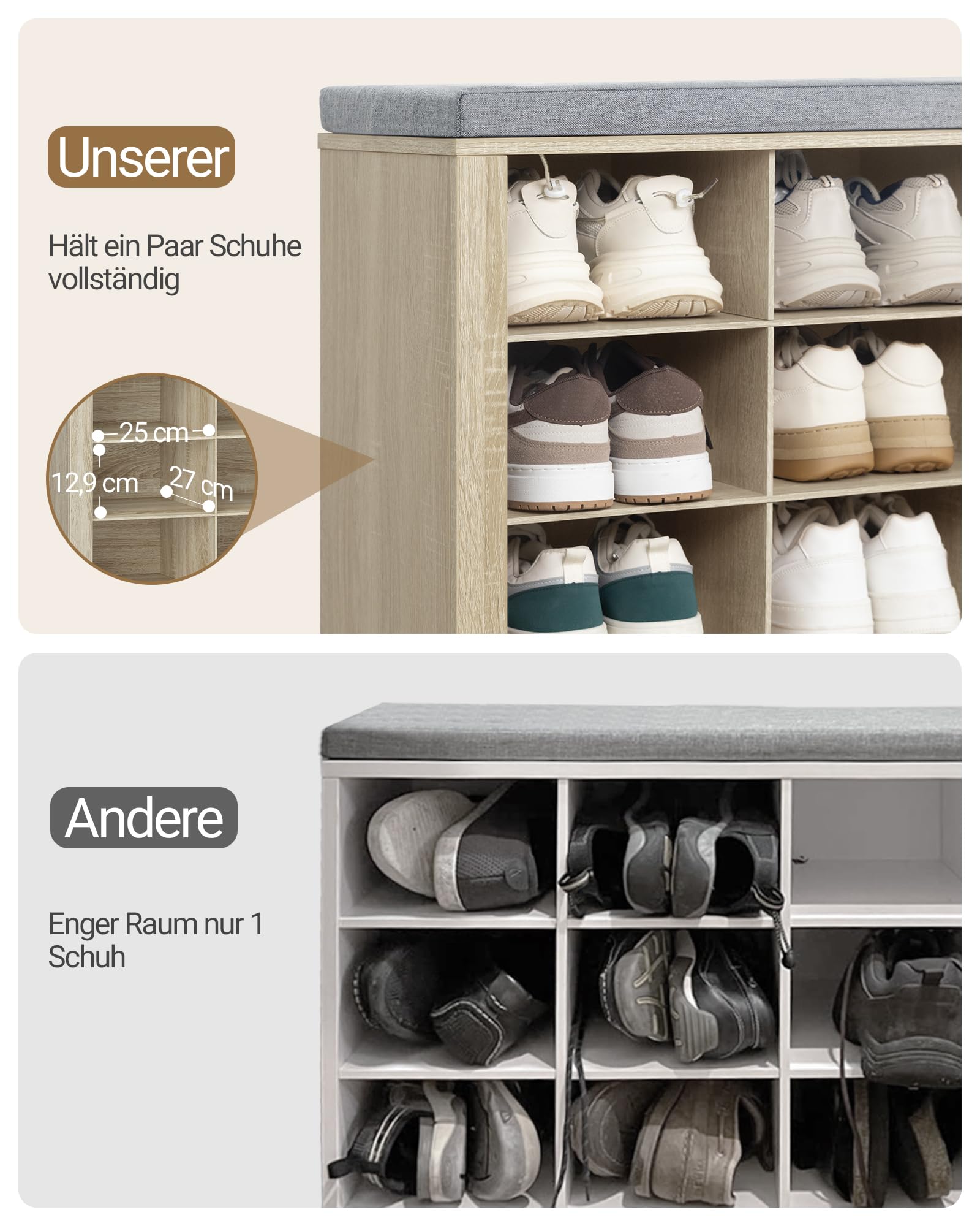 Hzuaneri Banc à Chaussures, 16 Compartiments, Chêne | Support à Chaussures avec Siège, Banc avec Rangement, Coussin, Pour Salon, Couloir, Chambre, SB25616GY