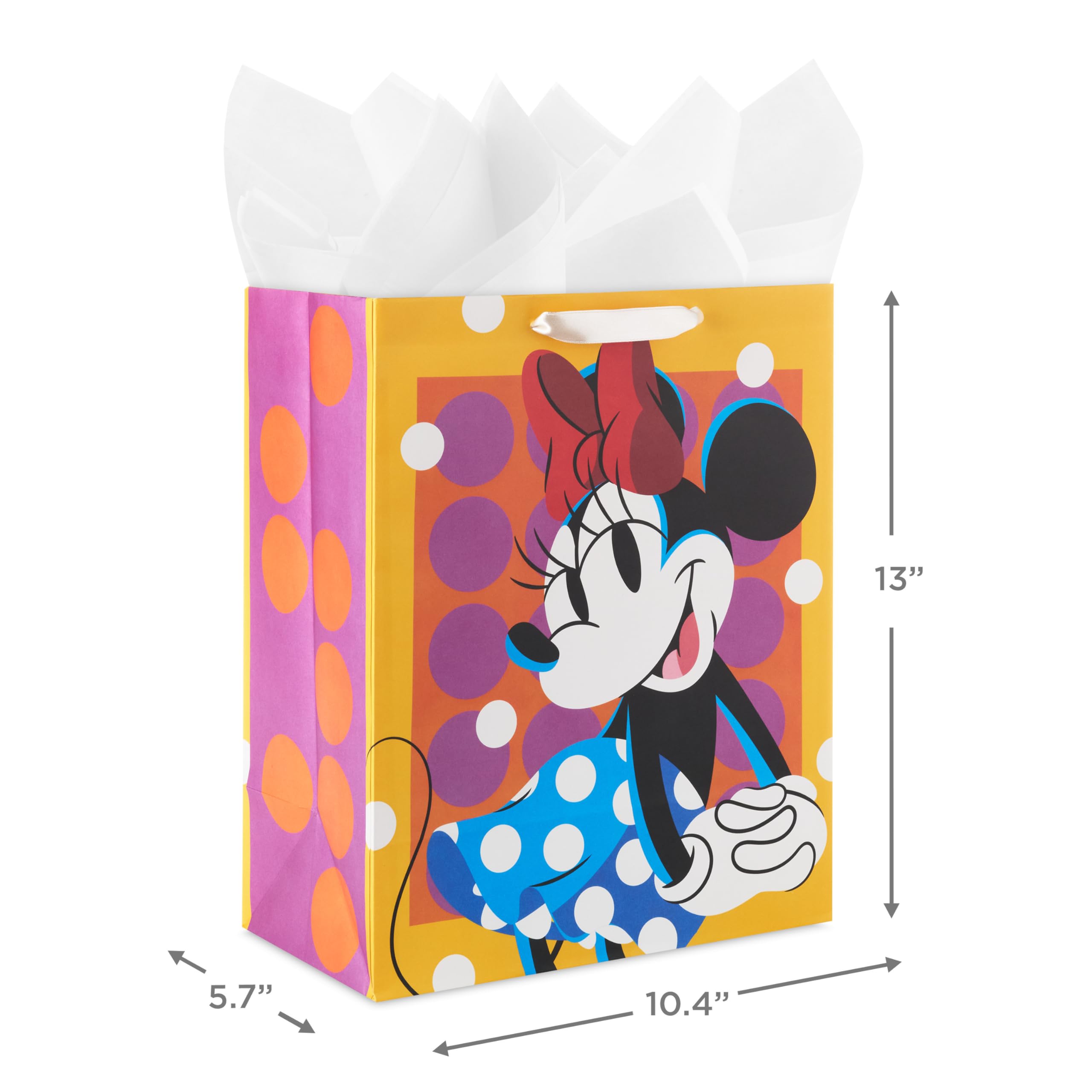 Birthday Hallmark Disney 13" Large Gift Bag with Tissue Paper (Minnie Mouse, Yellow and Orange with Pink Polka Dots), Kids, Adults, Fans