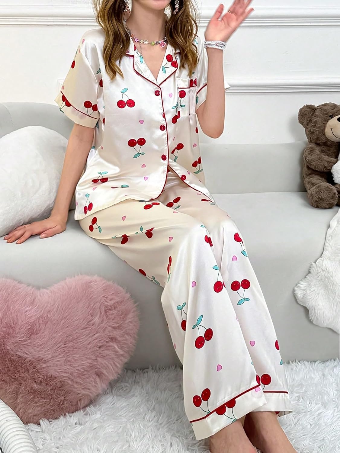 SweatyRocks Women's Silk Stain 2 Piece Pajama Set Button Down Short Sleeve Sleepwear and Pants Loungewear - Image 4