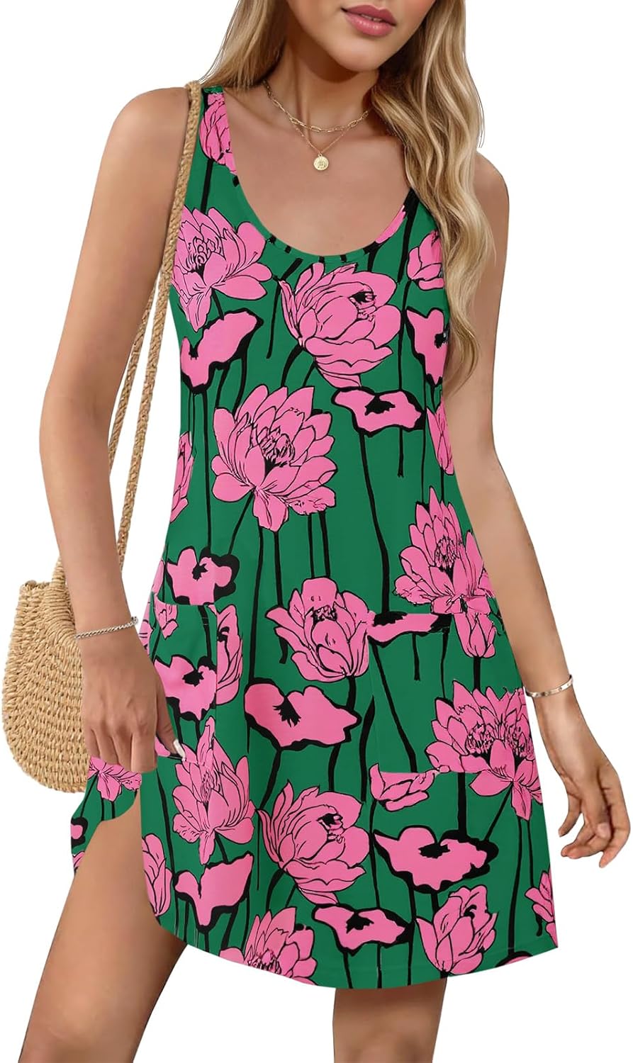 Wenrine Womens Summer Dresses Casual Floral V Neck Sleeveless Loose Boho Beach Tank Dress Sundress with Pockets