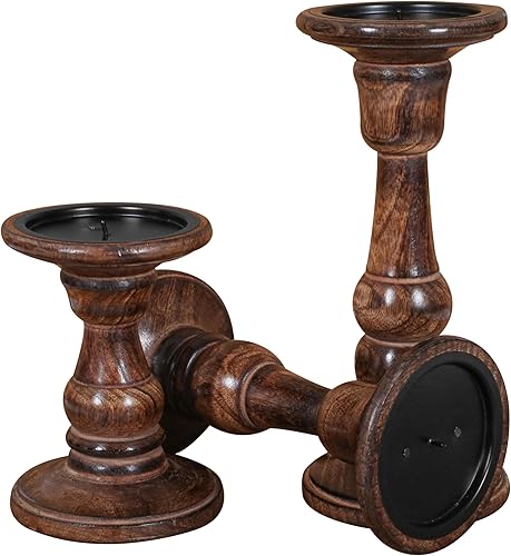 Miniatura 6 de Juego de 3 portavelas de madera (10, 8, 6 pulgadas) Portavelas de pilar hecho a mano Portavelas decorativo de madera de mango rústico para el