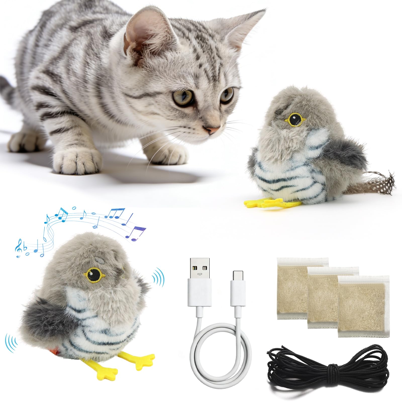 UKONWIT Flappy Bird Cat Toy, Interactive Chirping Bird Cat Toy with 3 PCS Catnip,Rechargeable Touch Activated Flapping Bird Toy for Indoor Cats & Kittens, Safe Ground Play (Not Flying)