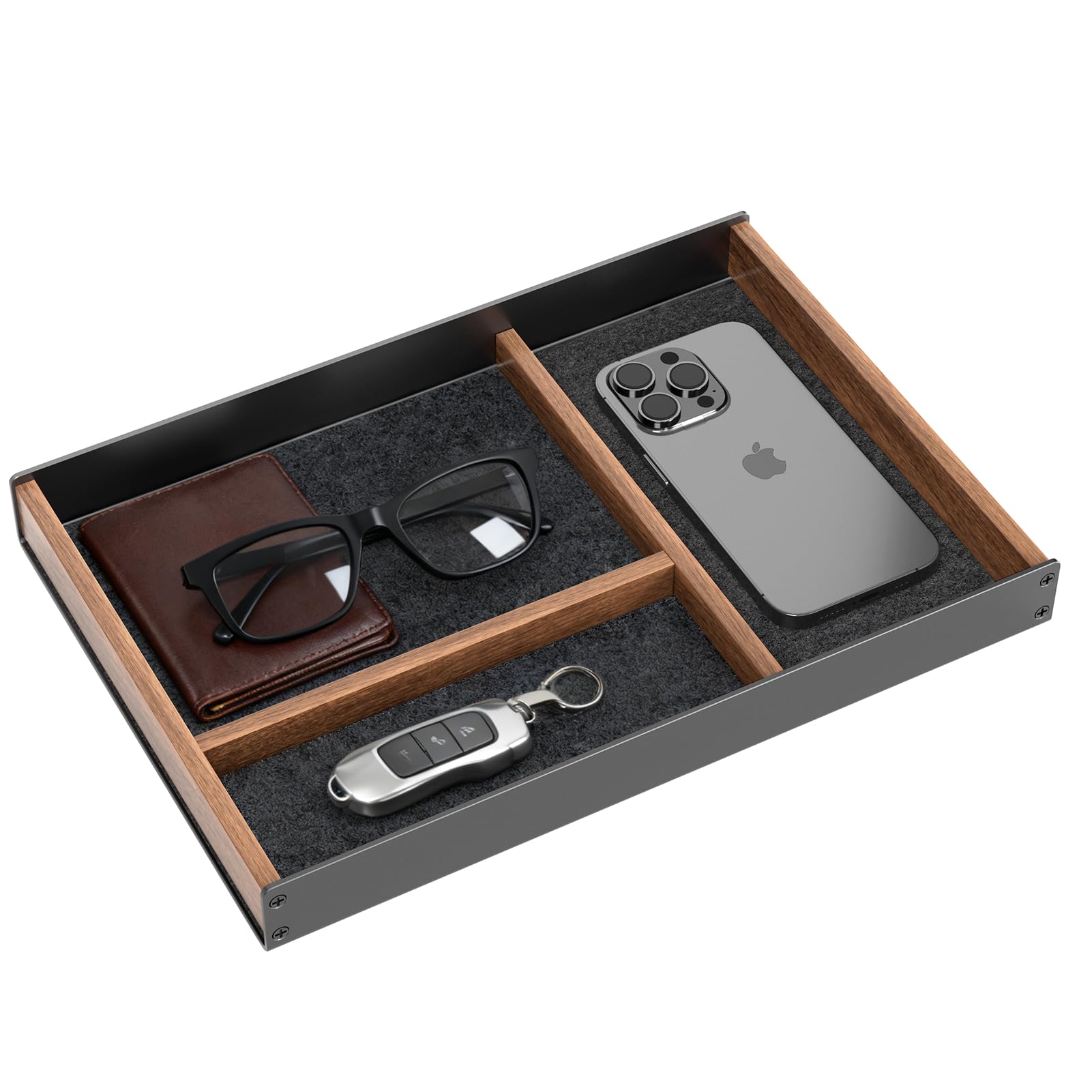 Walnut Wood Desk Drawer Organizer Tray, Valet Tray Made of Aluminum and Wooden, Aesthetic Desk Accessories for Office Workspace Supplies Bed Storage