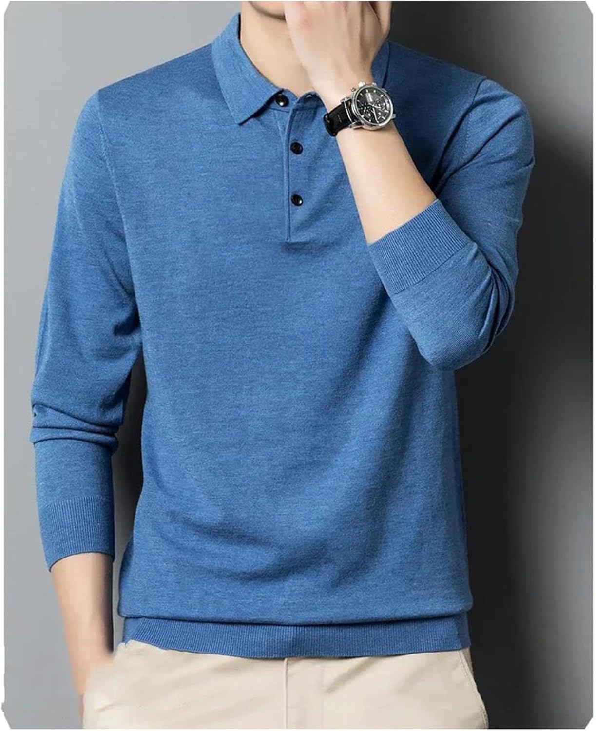 Men's Long Sleeve Pullover Polo Sweaters Turndown Collar Solid Color Casual Bottoming Knit Jumper for Men