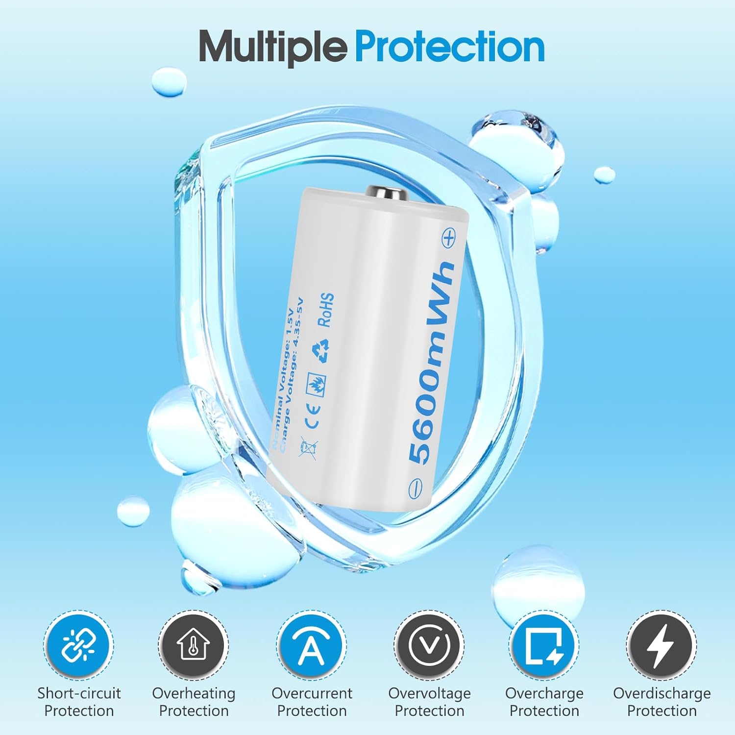 Rechargeable Lithium D Batteries with 4 in 1 USB-C Charging Cable 5600mWh 1.5V D Size Cell Battery (8 Pack)