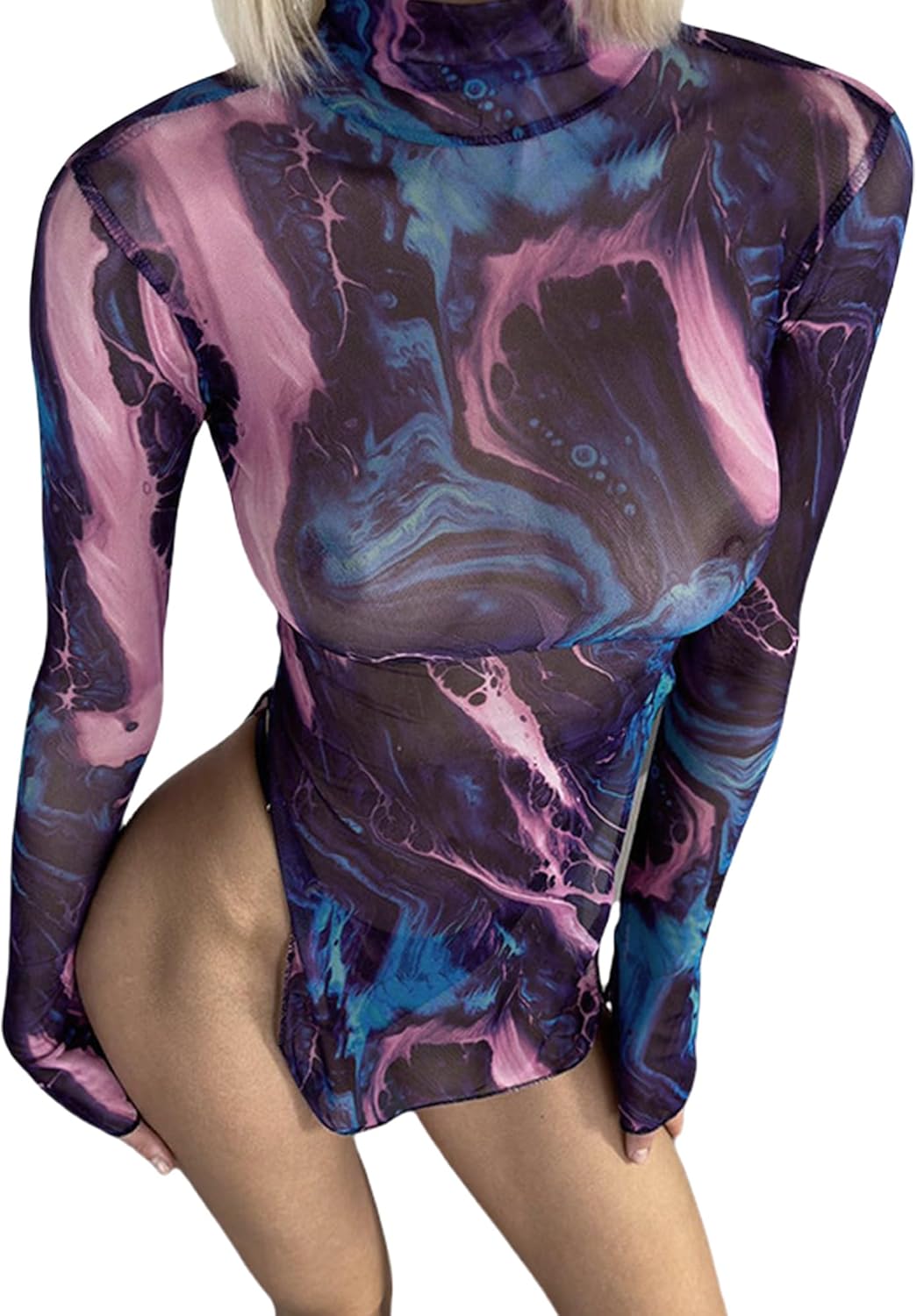 Sexy Mini Sheer Dress for Women Printed High Slit Short Dress Coverup Long Sleeves Lettuce Mock Turtleneck - Image 3