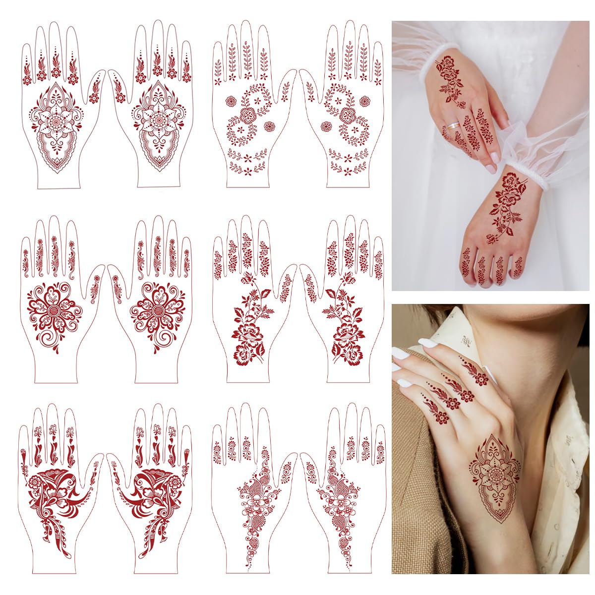 MAYCREATE® Henna Mehandi Stickers, 6 Sheets Temporary Mehendi Sticker, 6 Designs Flowers Mehndi Tattoo Stickers for Hands Red Henna Tattoo for Wedding Festivals Party-image-36