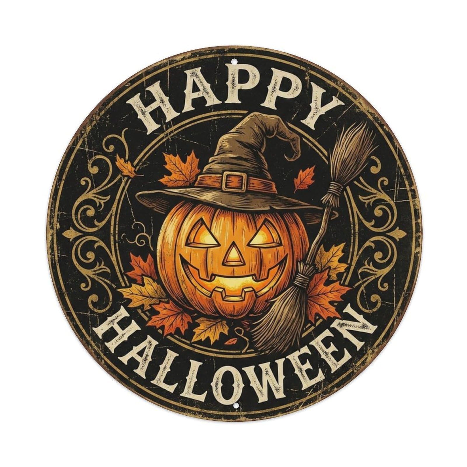 Pumpkin Witch Broom Happy Halloween Positive Saying Metal Tin Sign