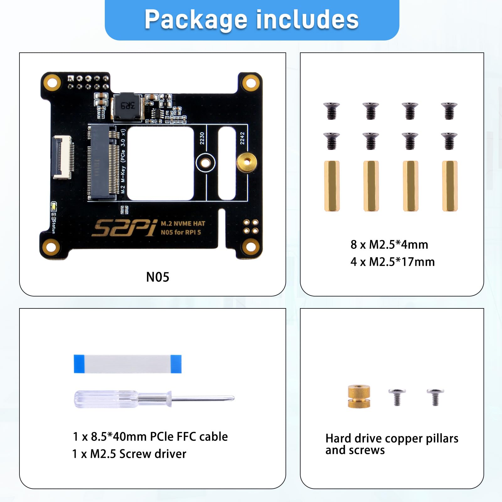GeeekPi N05 M.2 M-Key NVMe Hat para Raspberry Pi 5, M.2 2242 PCIe a NVMe SSD Shield Pip PCIe Placa periférica Superior para Raspberry Pi 5 4GB/8GB (SSD y Placa Pi5 no están Incluidas)
