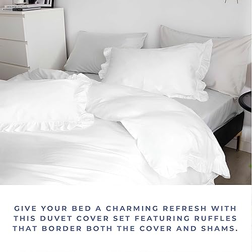 Miniatura 4 de Kotton Culture Juego de funda de edredón de 3 piezas con ribete de volantes blancos, tamaño individualindividual XL, 100% algodón egipcio de 600