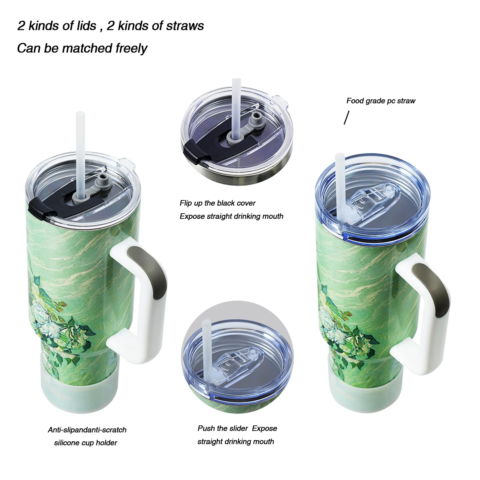 Jormungand 40 Oz Tumbler With Handle & Straw | Stainless Steel Vacuum Insulated | Hot & Cold (Green Wheat Fields) - View #9