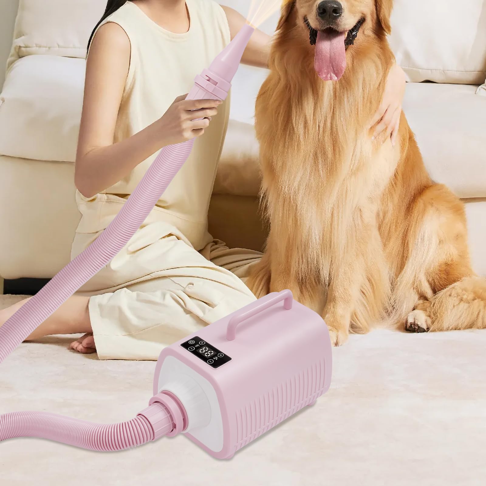 2100W Hundefön Blower mit Einstellbarer Geschwindigkeit und Temperatur, Hundepflege-Trockner-Gebläse mit 3 Verschiedenen Düsen und 2M Elastischem Schlauch, Hundetrockner mit LED-Touchscreen (Rosa)