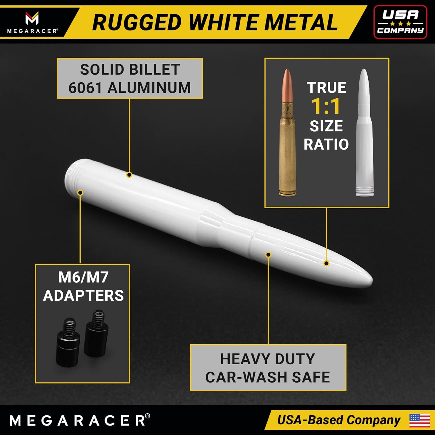 Gloss White 50 Cal Bullet Antenna for Chevy Silverado & GMC Sierra 1500 2500 (1999-2026) – Rugged Billet Aluminum, UV & Chip-Resistant, Car Wash Safe, Short Replacement, Truck Accessories Upgrade