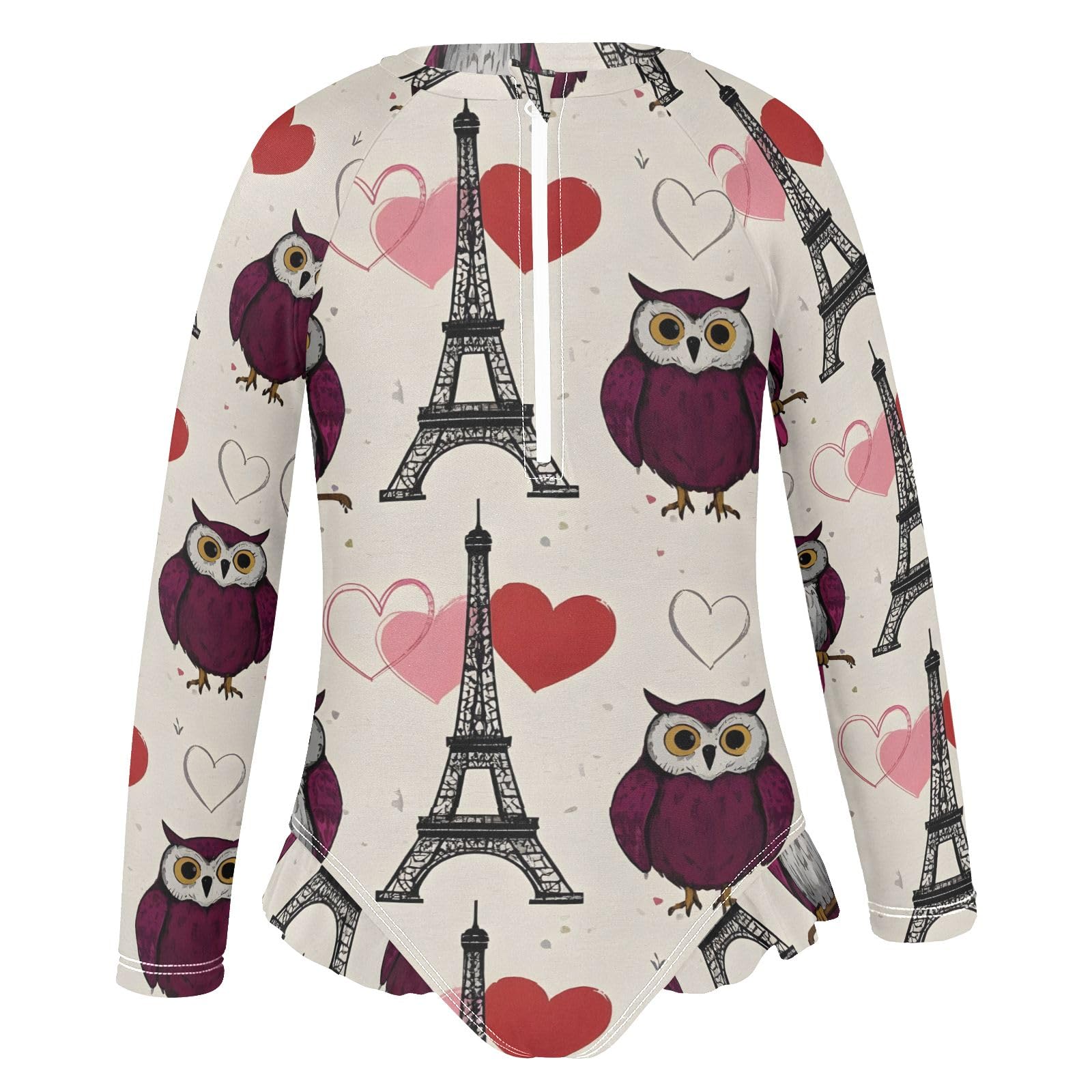 ALAZA Swimsuit for Girls Long Sleeve Rashguard Bathing Suit Paris Tower Owl Quick Dry 4T