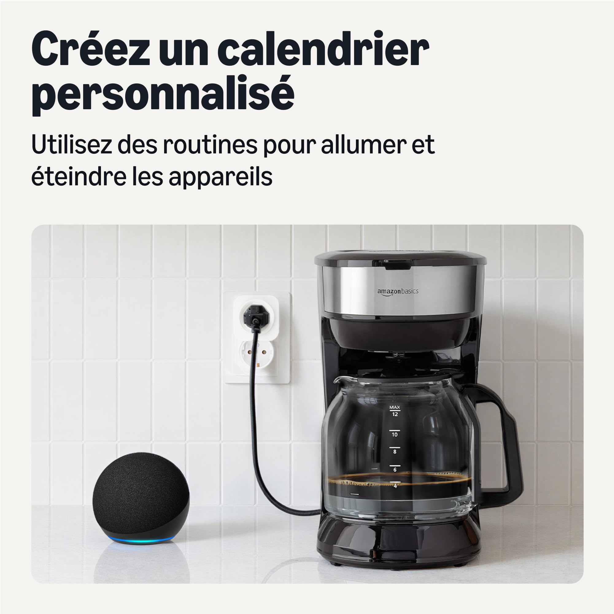 Amazon Basics Prise Intelligente, Compatible Matter, Compatible avec Amazon Alexa, Google Home et Apple HomeKit, Hub Matter Requis, Wi-Fi 2,4GHz Uniquement, Blanc, lot de 4